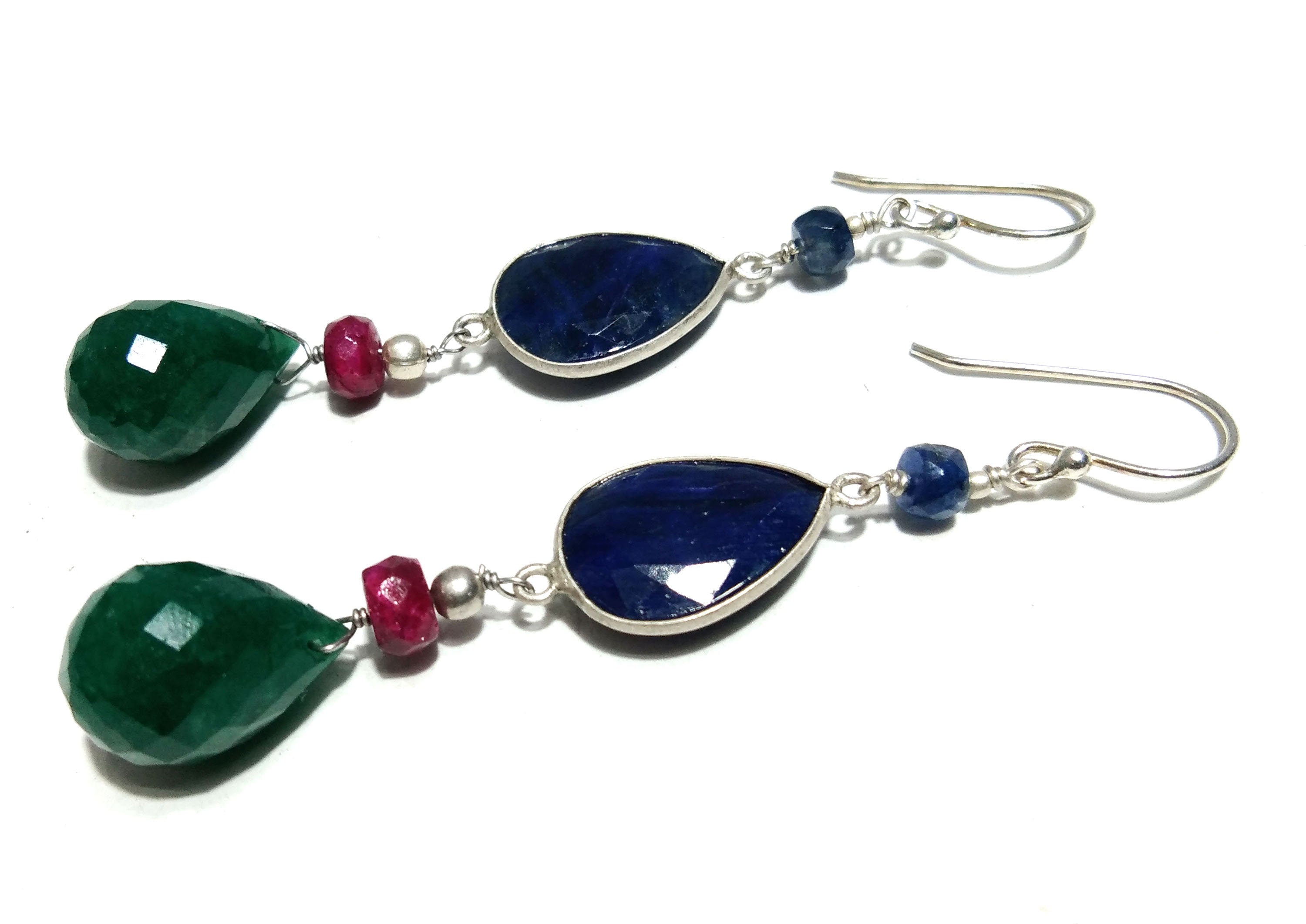 Natural Blue Sapphire, Green Jade Earring, 925 Solid Starling Silver Earring, Blue Sapphire Stone Handmade Gift Women Christmas Earring