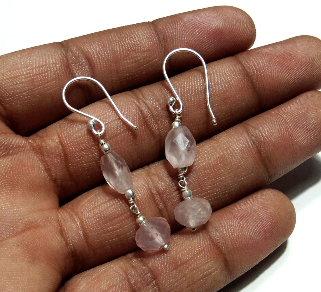 Natural Pink Rose Quartz Stone Drop Earring, 925 Solid Starling Silver Earring Jewelry, Top Color Pink Stone Size 8x8mm Gift Wedding Earring