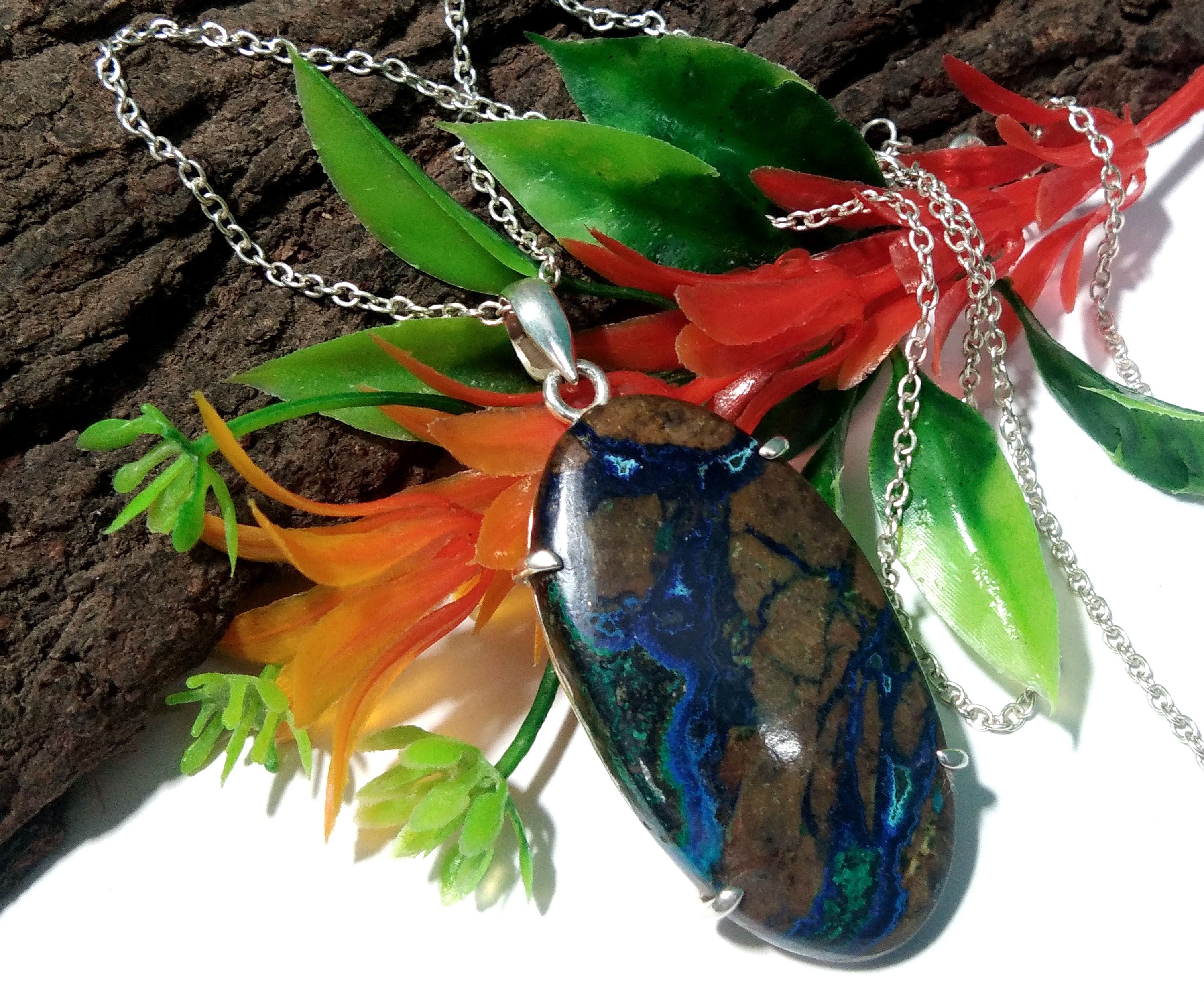 Natural Azurite Malachite Gemstone Chain Pendant Necklace, 925 Sterling Silver Pendant Jewelry Handmade Pendant Necklace & Easter Pendant