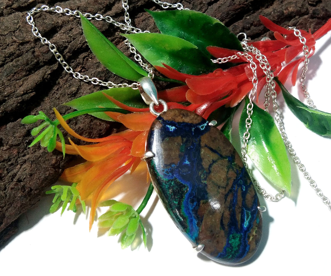 Natural Azurite Malachite Gemstone Chain Pendant Necklace, 925 Sterling Silver Pendant Jewelry Handmade Pendant Necklace & Easter Pendant