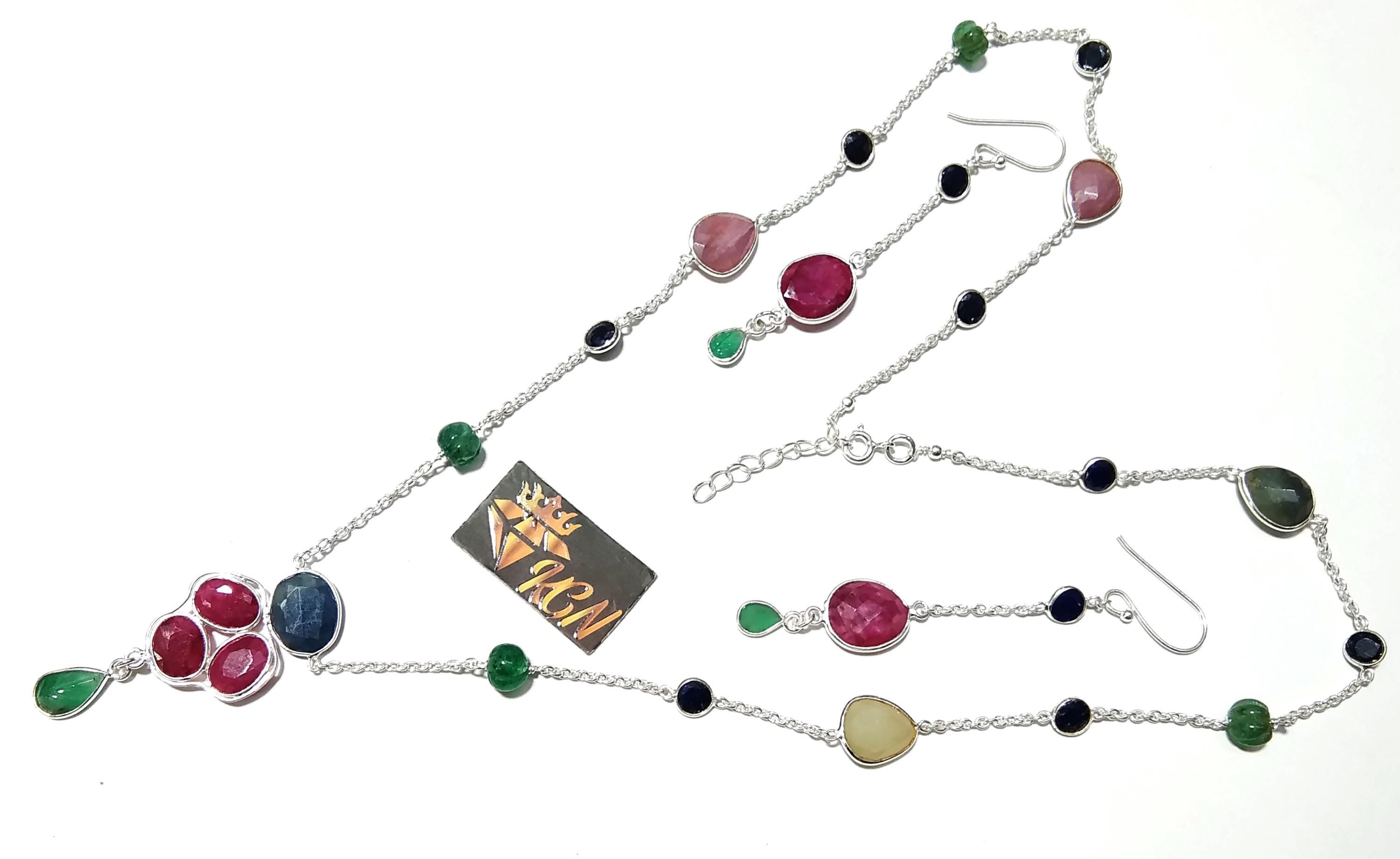 Natural Red Ruby/Multi Tourmaline Gemstone Necklace Earring Jewelry Set, 925 Sterling Silver Necklace Earring Jewelry Gift For Girls & Women