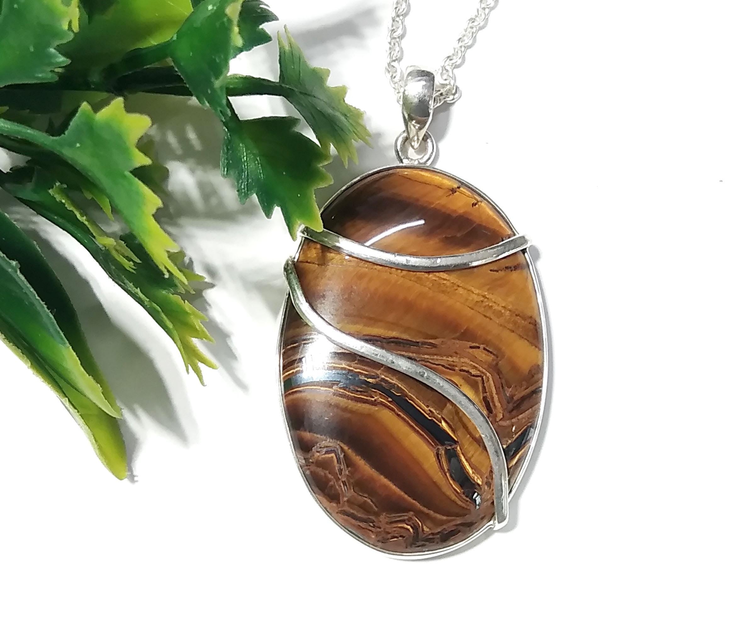Natural Tiger Eye Gemstone Pendant, 925 Starling Silver Jewellery, Beautiful Nice Yellow Tiger Eye  Pendant Chain Necklace Wedding Gift Etc.