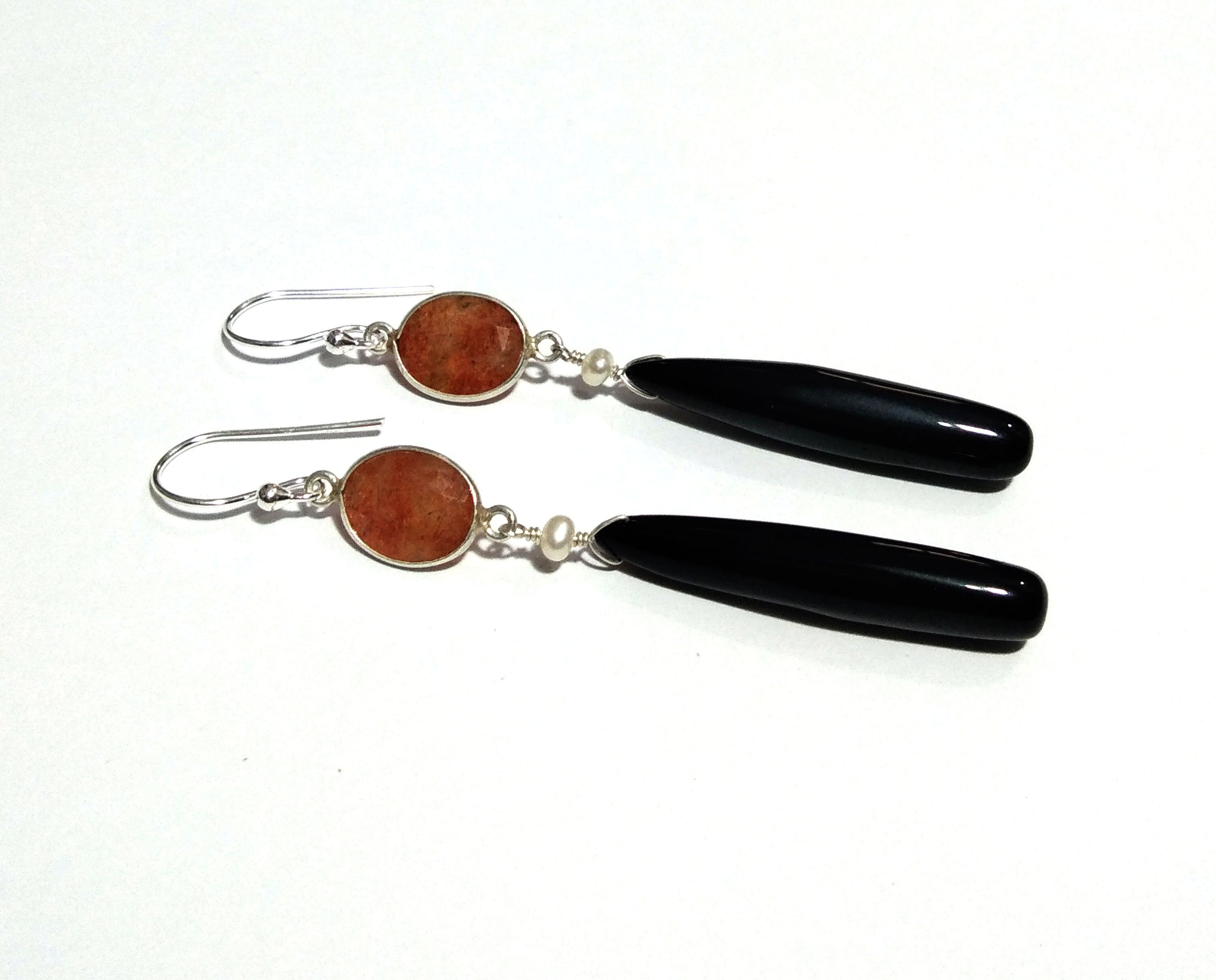 Natural Black Onyx, Sunstone Stone Earring, 925 Solid Starling Silver Earring, Onyx, Sunstone Size 35x6 mm to 8x9 mm Gift Christmas
