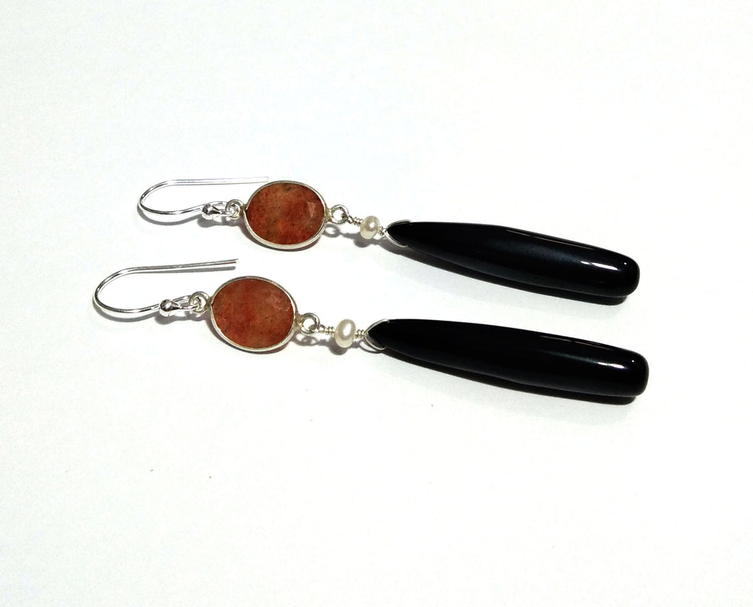 Natural Black Onyx, Sunstone Stone Earring, 925 Solid Starling Silver Earring, Onyx, Sunstone Size 35x6 mm to 8x9 mm Gift Christmas