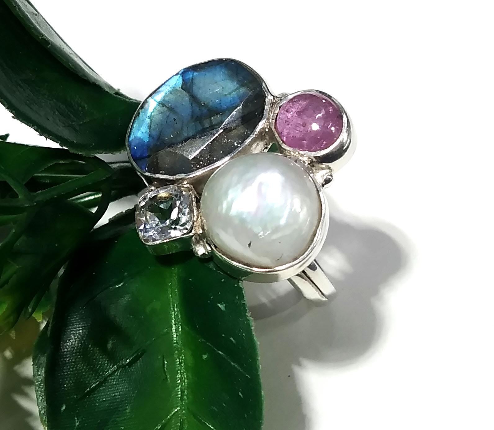 All Natural Gemstone Rings, Freshwater Pearl, Labradorite, Ruby & White Topaz Ring, 925 Starling Silver Ring, Handmade Silver Ring Jewelry