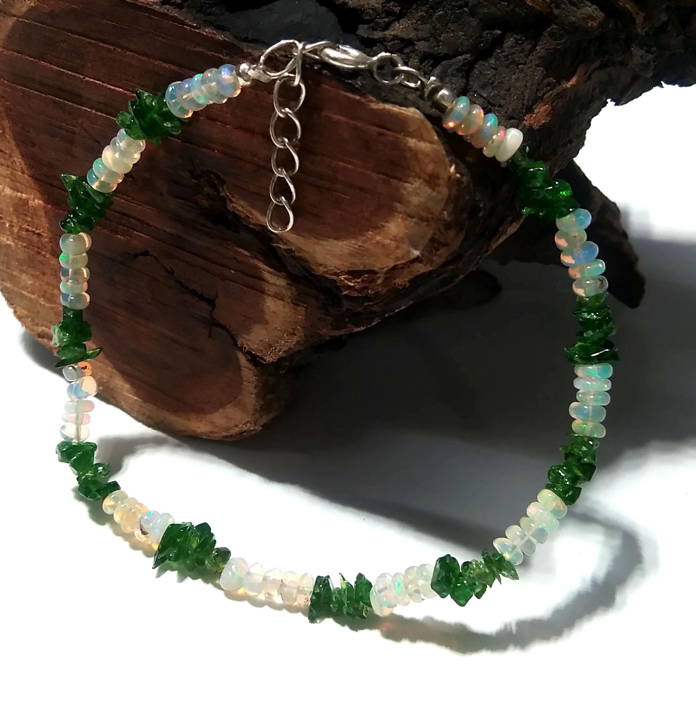 Natural Ethiopian Opal & Green Garnet Bracelet, Flashy Opal Gemstone Bracelet, December Birthstone Gift, Handmade Opal Jewelry, Gift For Her
