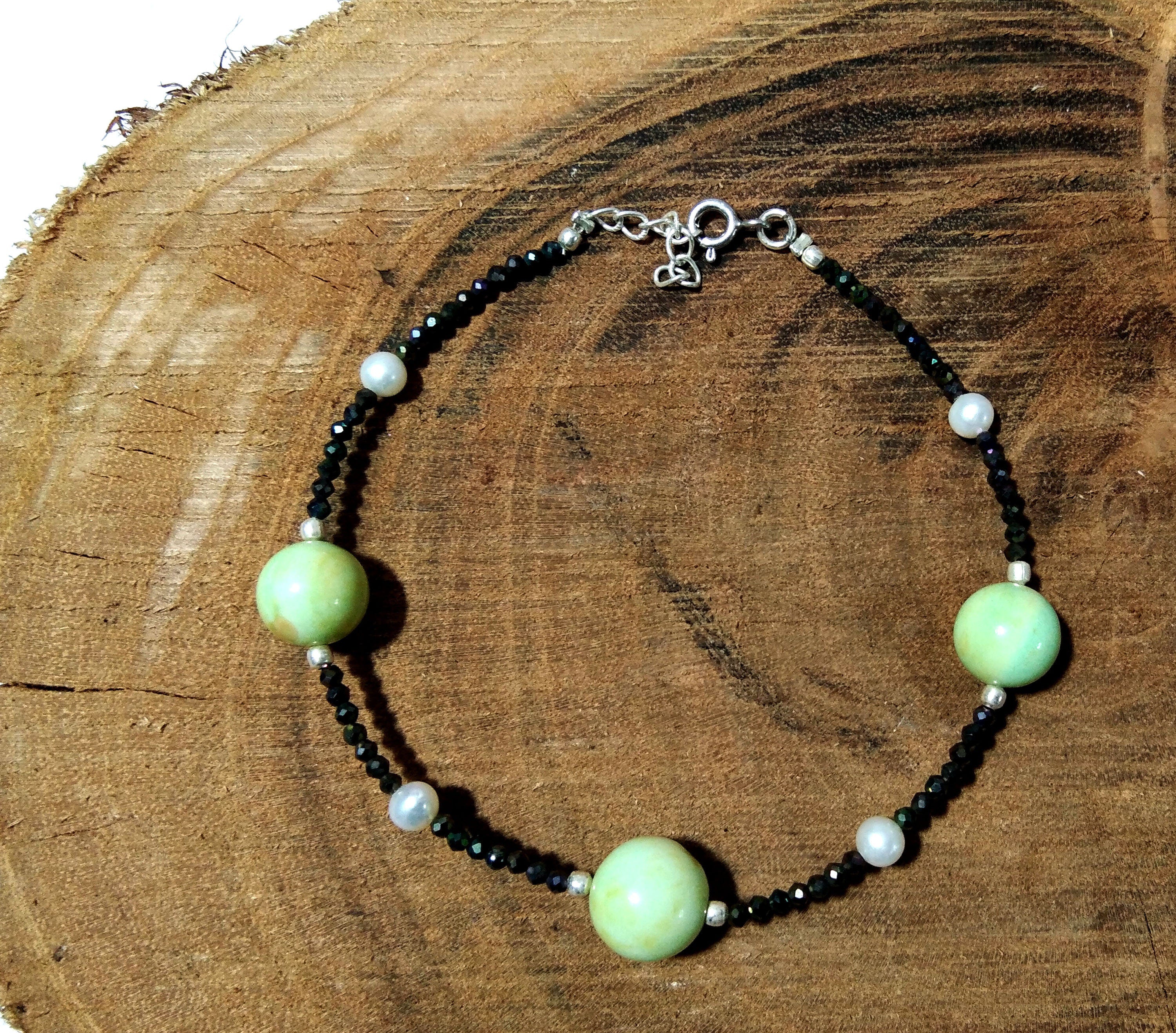 20% Off !!! Green Opal & Black Spinel With 925 Silver Bracelet, May August Birthstone, Healing Stone, Skinny Stacking Gemstone Bracelet Gift