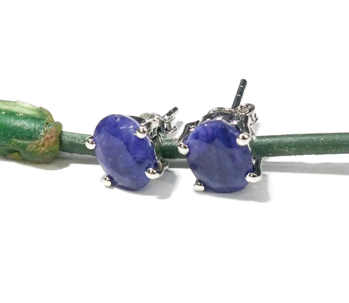 Blue Sapphire Stud Earrings, 925 Solid Silver Earring Jewelry, Sapphire Gemstone Oval Shape Stone Size 8x6mm Birthday Gift For Her Studs