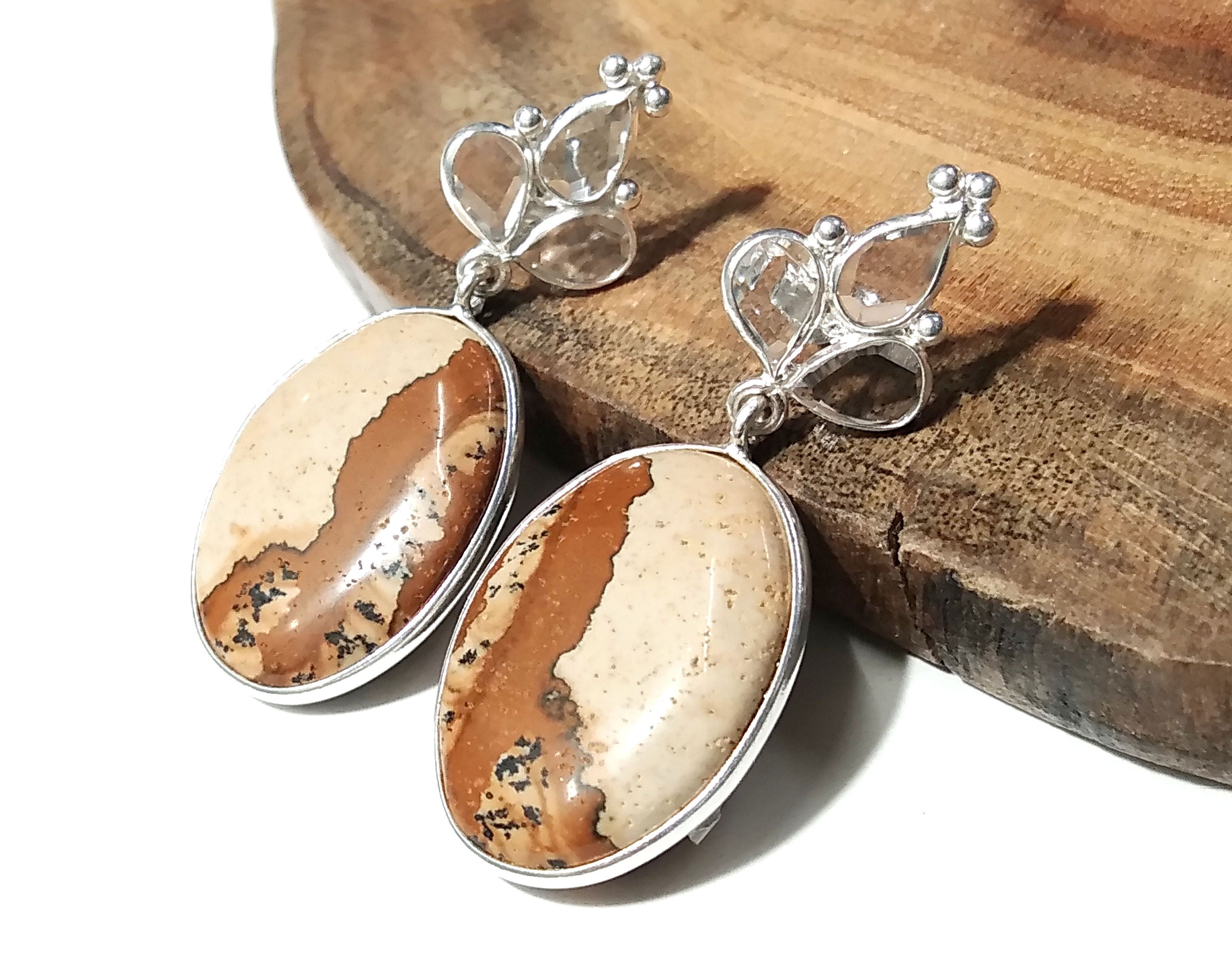White Zircon & Picture Jasper Earrings, 925 Silver With Natural Gemstone Zircon Faceted And Picture Jasper Earring, For Girls/Women.