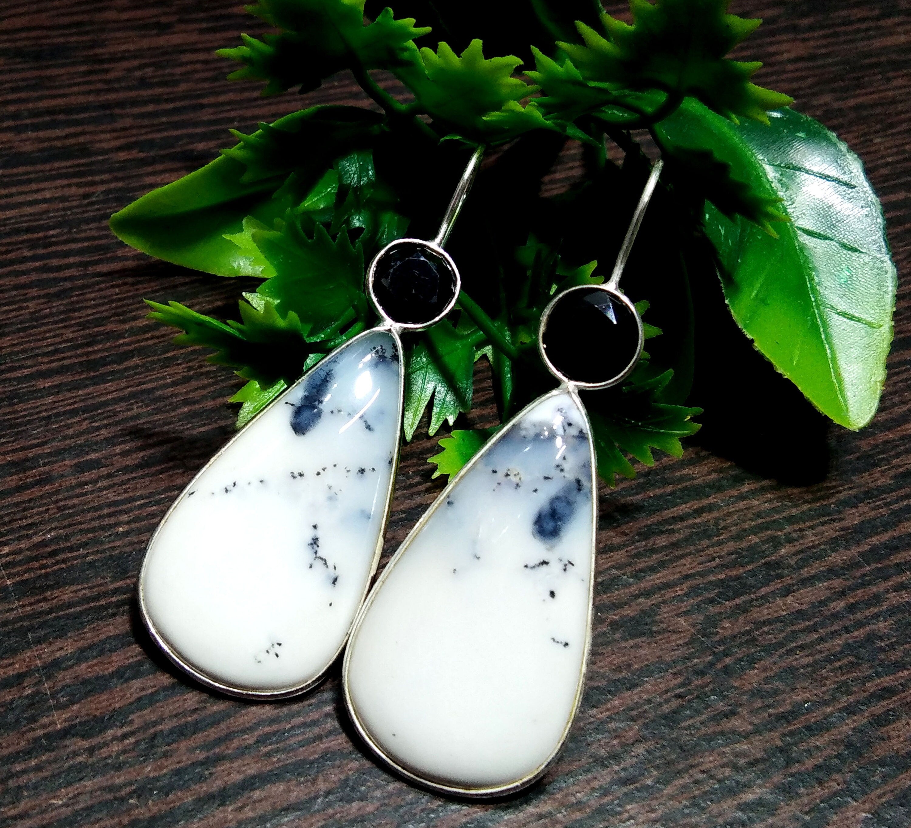 Natural Dendrite Opal/Black Spinel Gemstone Earring, 925 Starling Silver Earring, Handmade Silver Earring, Opal Stone Gift Birthday Earring