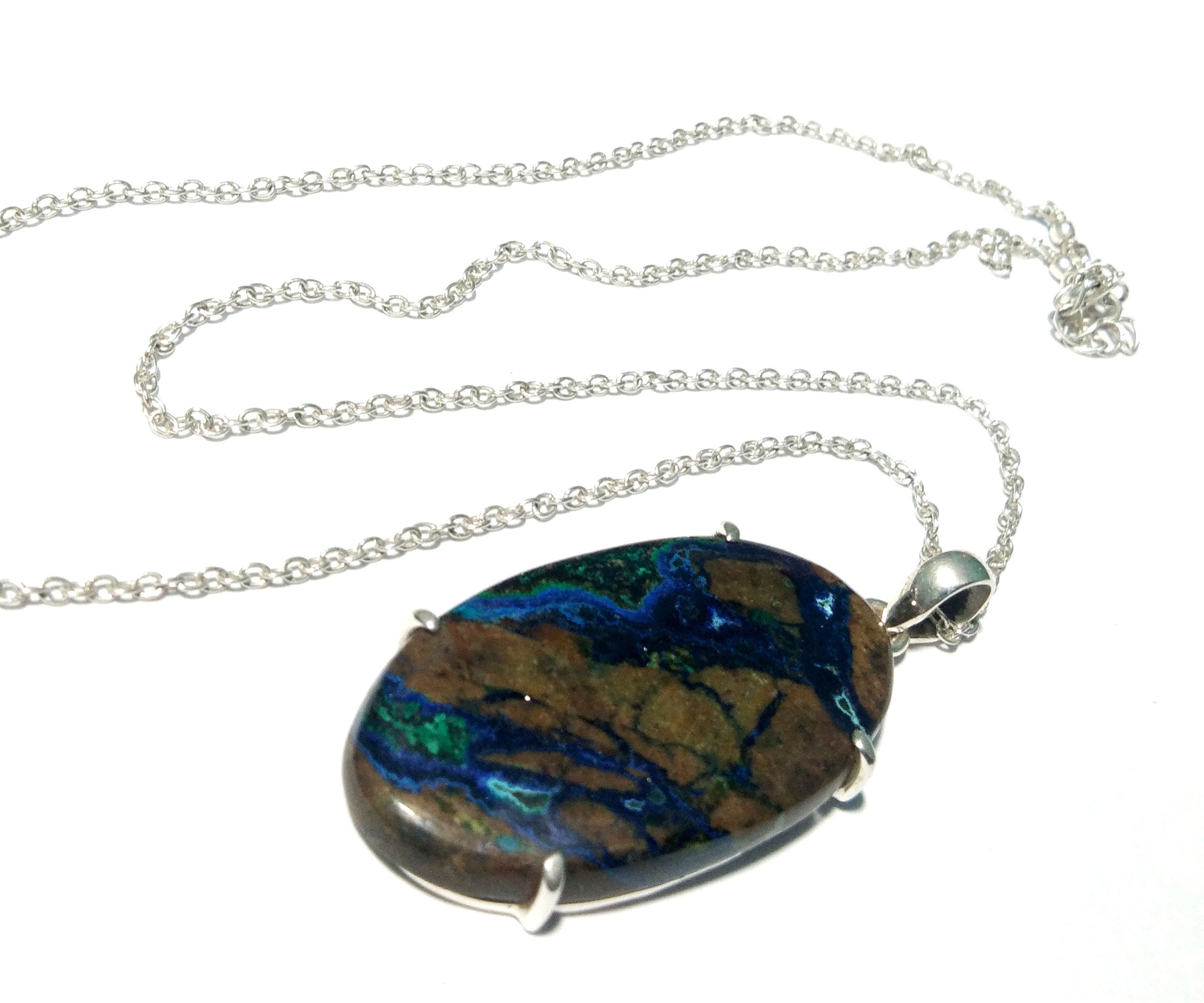 Natural Azurite Malachite Gemstone Chain Pendant Necklace, 925 Sterling Silver Pendant Jewelry Handmade Pendant Necklace & Easter Pendant