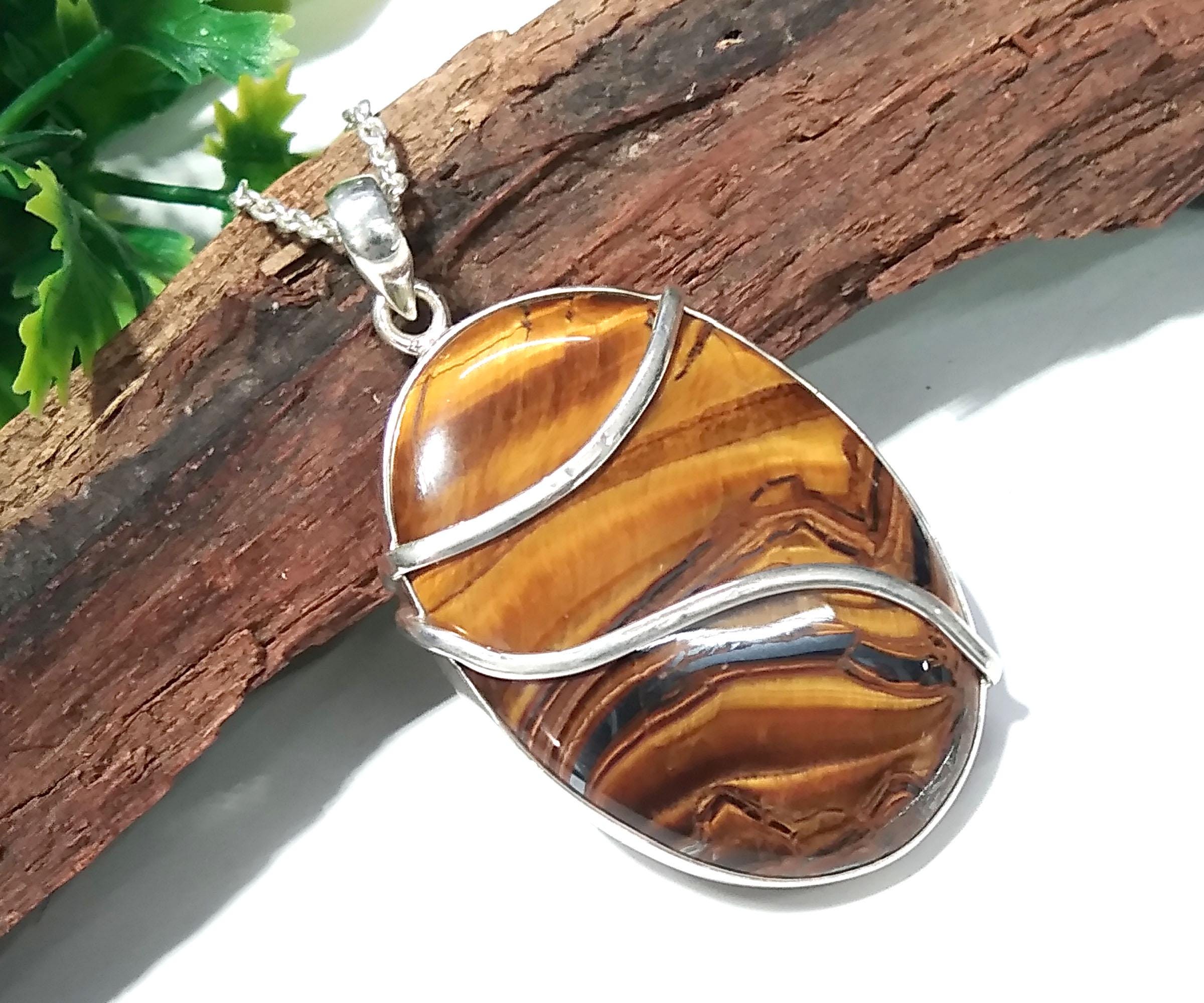 Natural Tiger Eye Gemstone Pendant, 925 Starling Silver Jewellery, Beautiful Nice Yellow Tiger Eye  Pendant Chain Necklace Wedding Gift Etc.