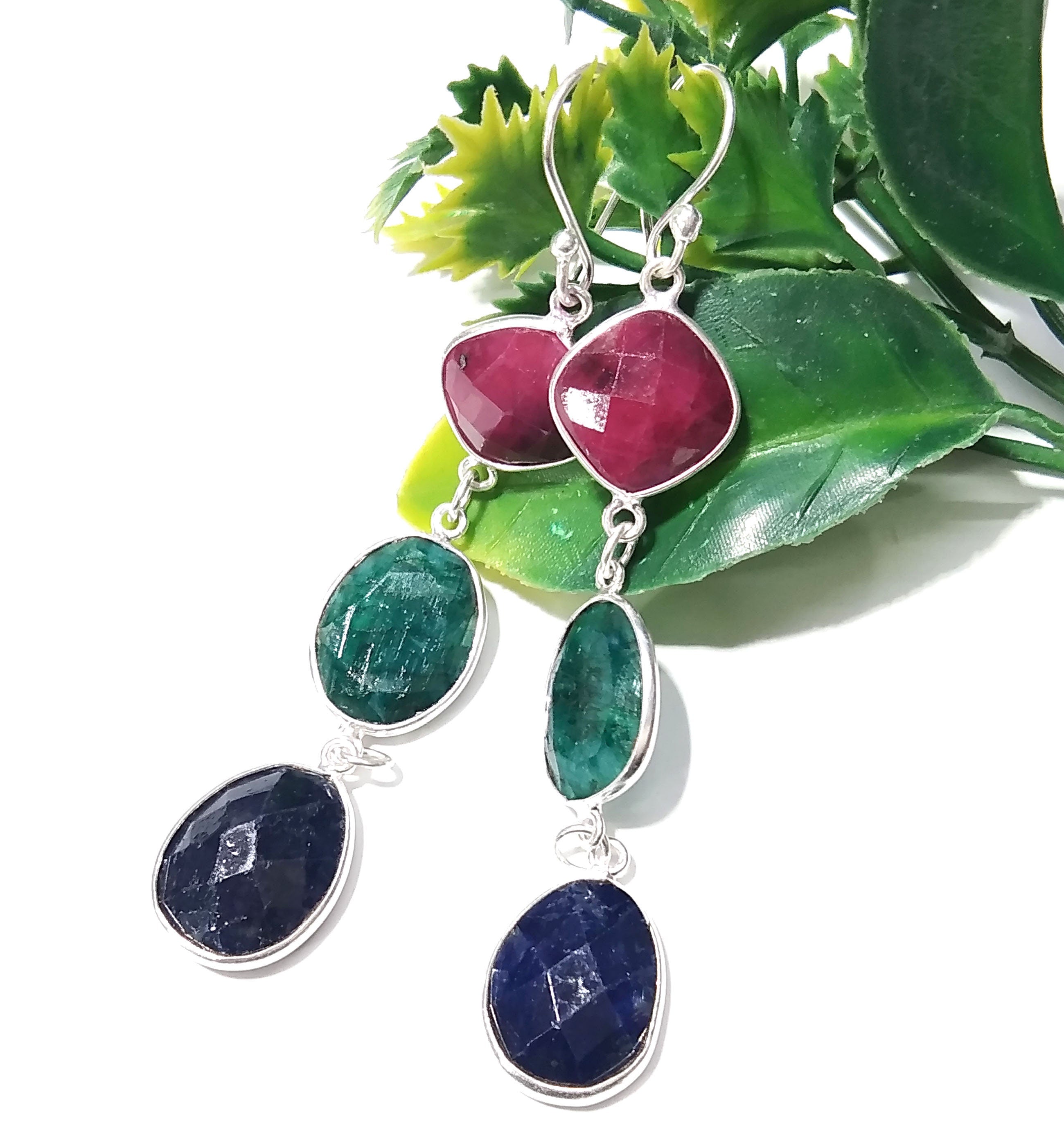 Natural Emerald,Red Ruby,Blue Sapphire Stone Earring, 925 Solid Starling Silver Earring Gemstone, Gift Wedding Earring, Handmade Jewelry