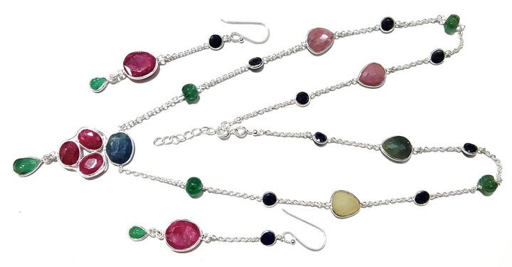 Natural Red Ruby/Multi Tourmaline Gemstone Necklace Earring Jewelry Set, 925 Sterling Silver Necklace Earring Jewelry Gift For Girls & Women
