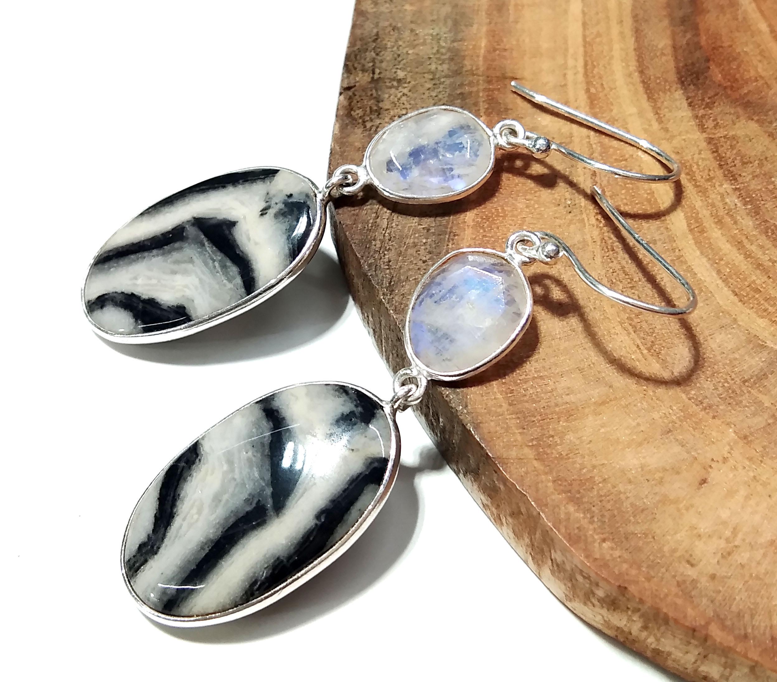 Natural Zebra Jasper And Rainbow Moonstone Earring, 925 Sterling Silver Earring, Jewelry Stone Size 23x14mm For Gift Anniversary Earring