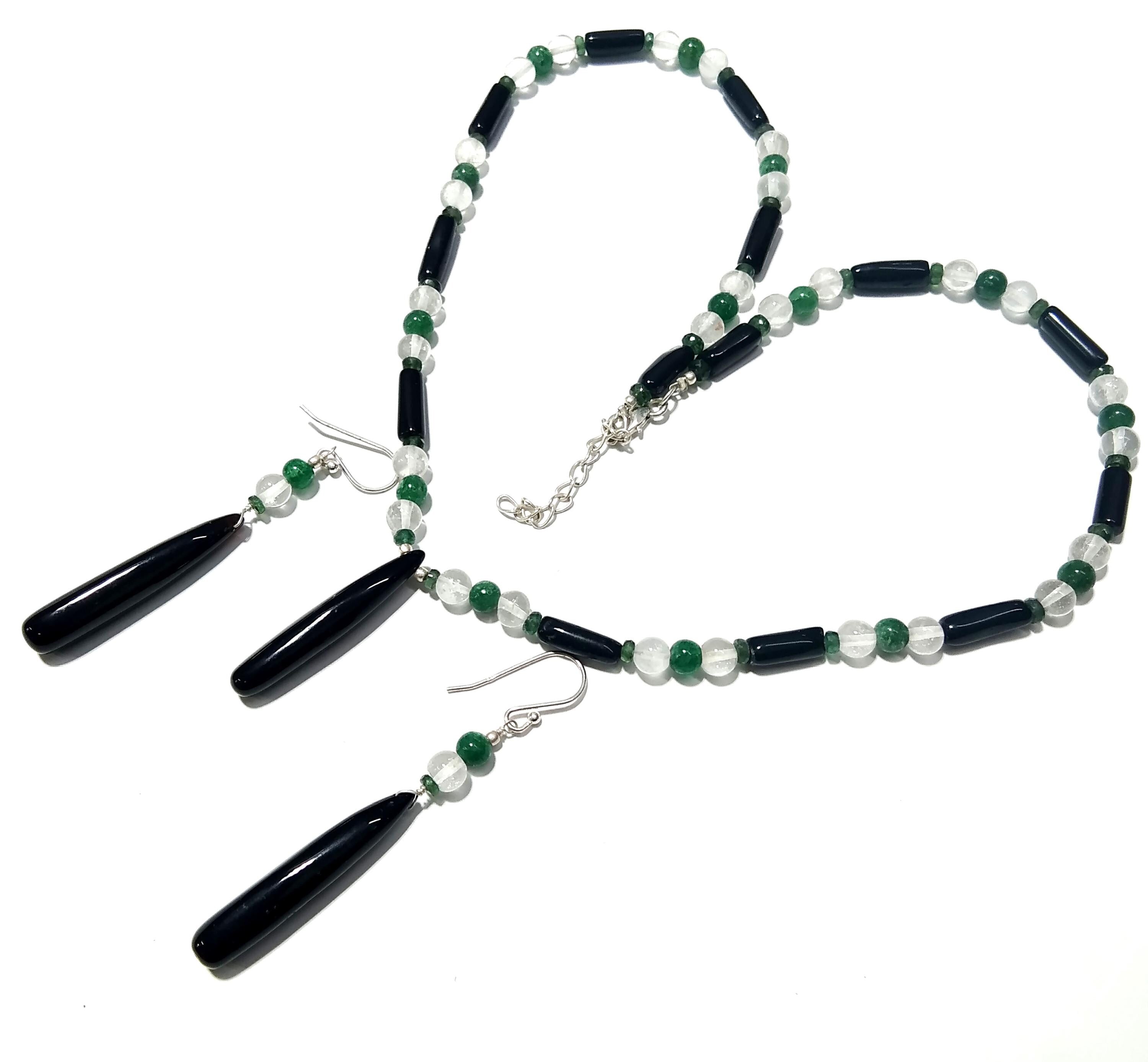 Natural Black Onyx/Crystal Beads Necklace Earring Set Jewelry, 925 Sterling Silver Necklace, Gemstone Necklace, Statement For Gift Jewelry