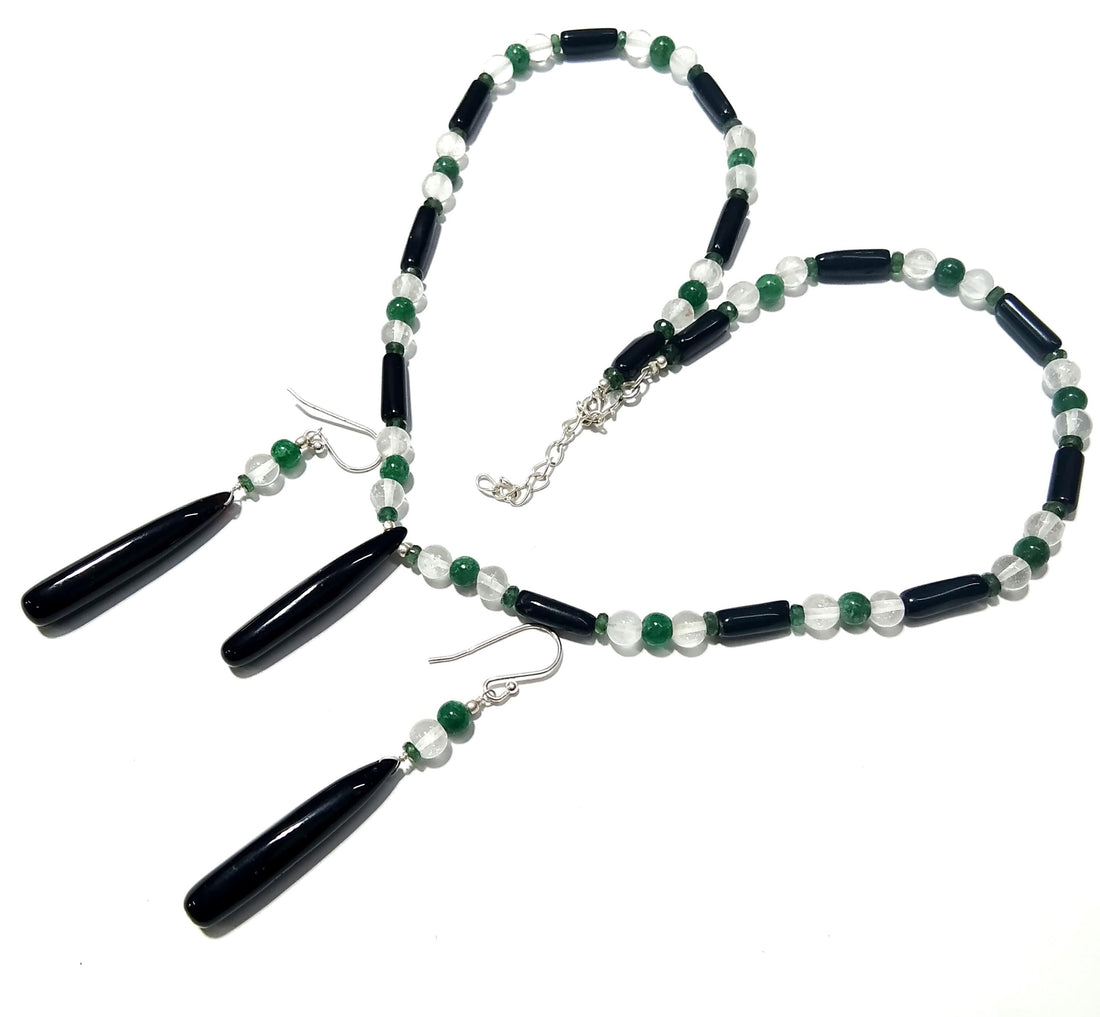 Natural Black Onyx/Crystal Beads Necklace Earring Set Jewelry, 925 Sterling Silver Necklace, Gemstone Necklace, Statement For Gift Jewelry