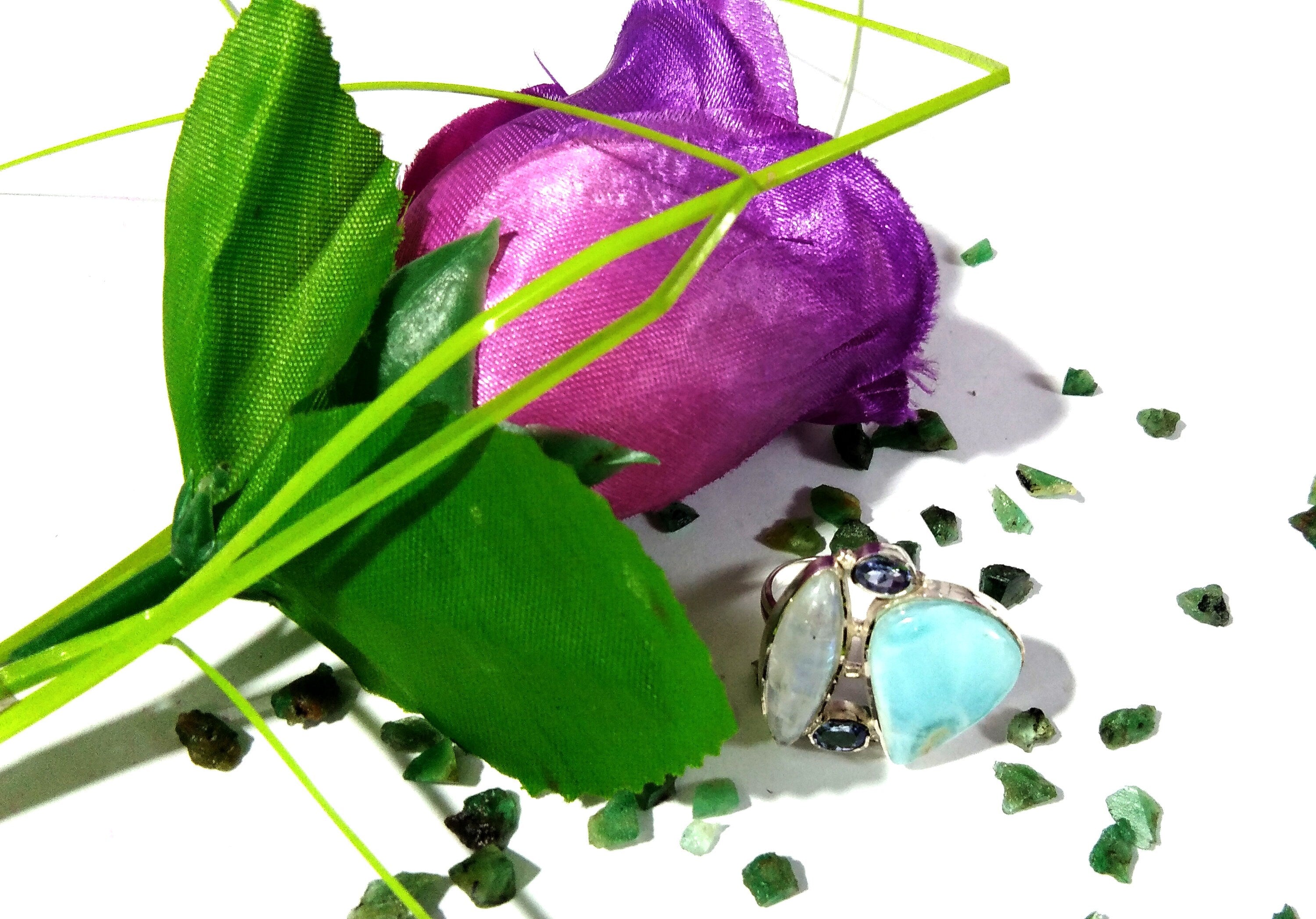 Natural Larimar, Rainbow Moonstone & Tanzanite Ring, 925 Solid Sterling Silver Ring, Gemstone Jewelry Rings, Handmade Making Jewelry Ring