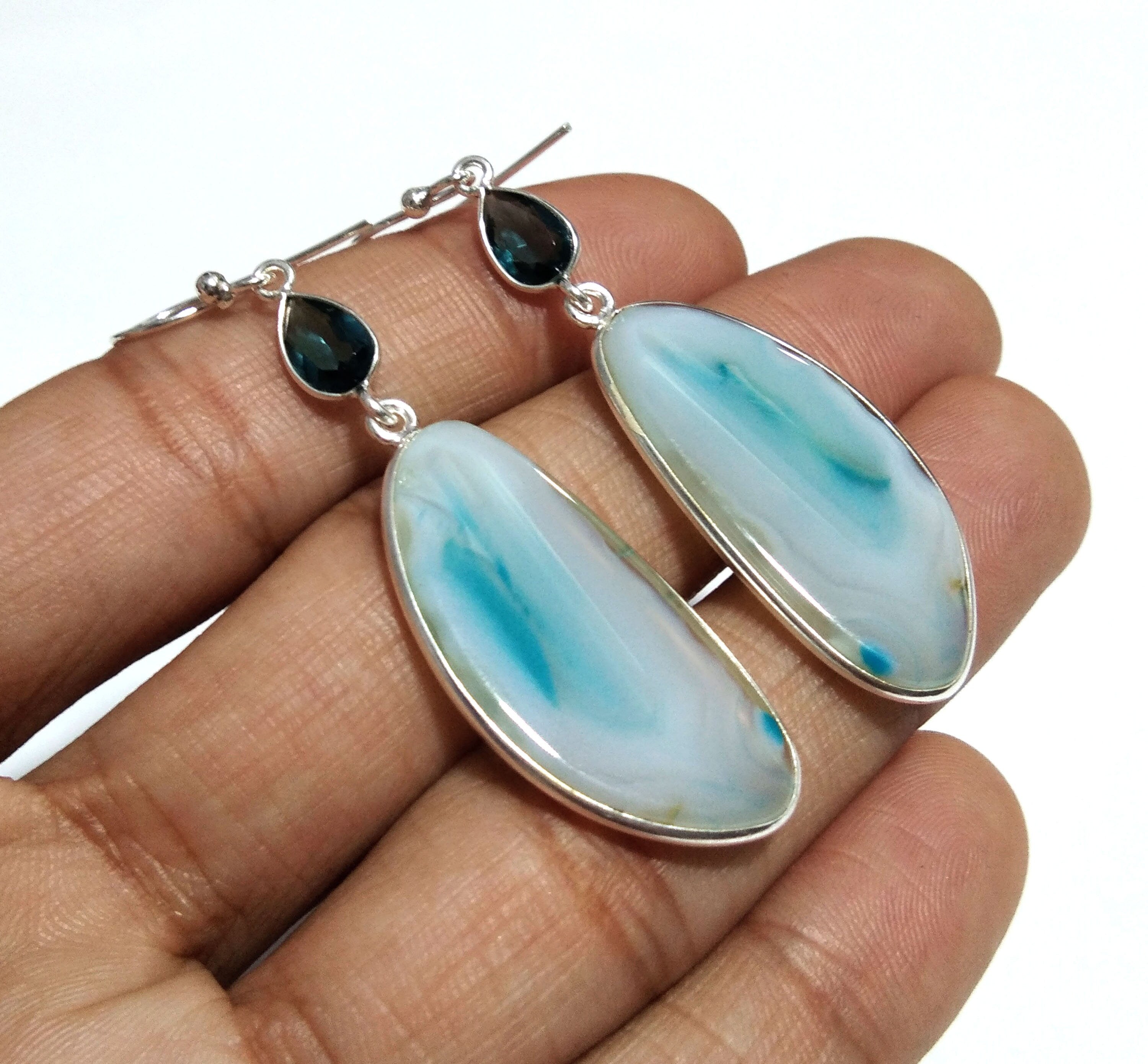 Natural Sky Blue Banded Agate/Topaz Gemstone Earring, 925 Solid Starling Silver Earring, Stone Size 32x15mm For Gift Wedding Earring Jewelry