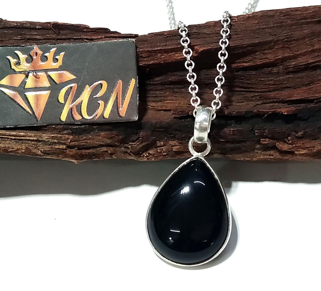 Natural Black Onyx Gemstone Pendant Chain Necklace, 925 Sterling Silver Pendant Jewelry, Black Onyx Stone Size 20x15mm Gift For Girls/Women