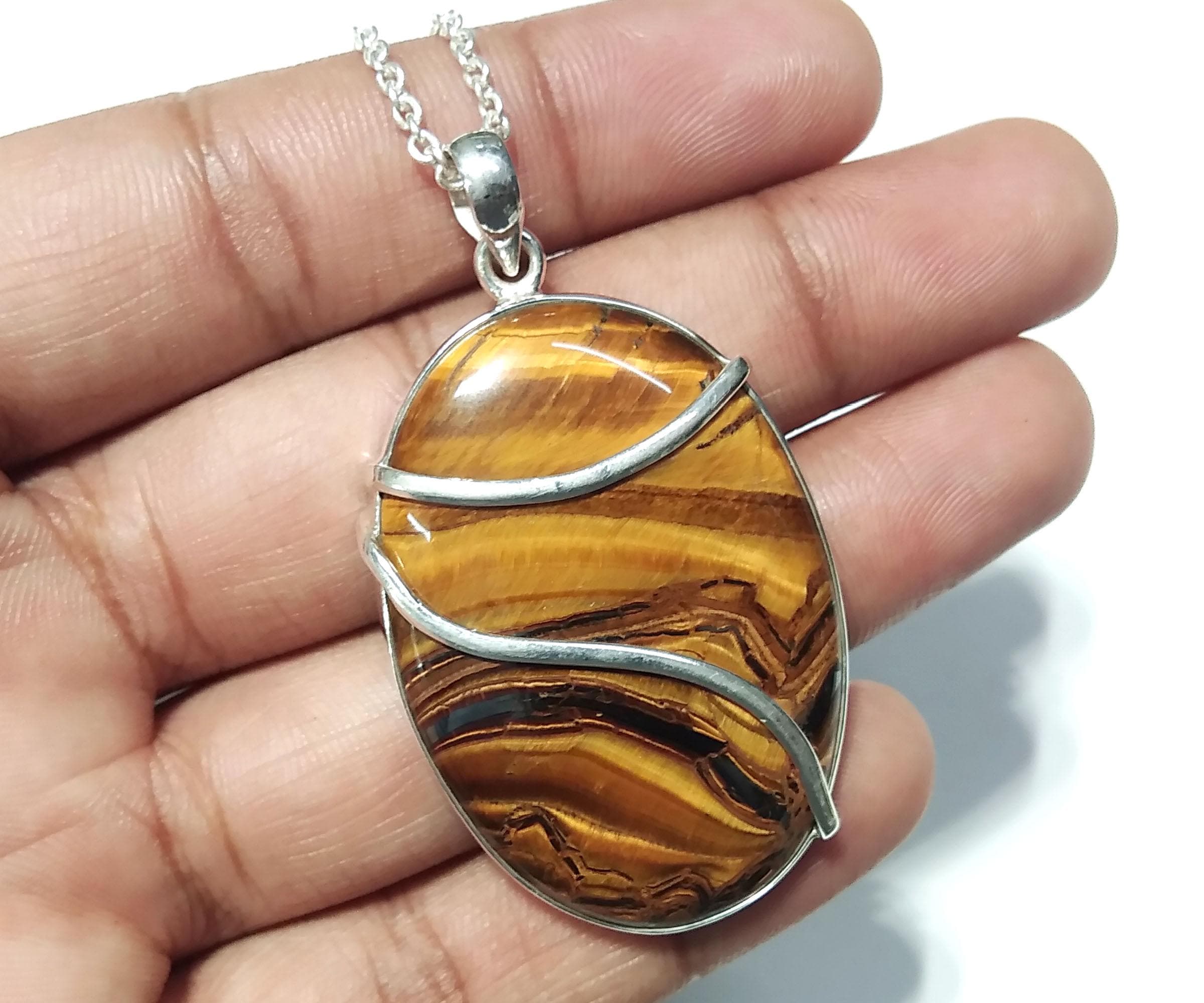 Natural Tiger Eye Gemstone Pendant, 925 Starling Silver Jewellery, Beautiful Nice Yellow Tiger Eye  Pendant Chain Necklace Wedding Gift Etc.