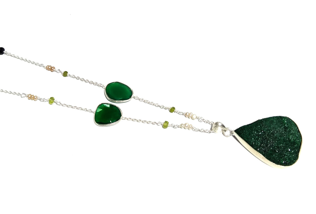 Natural Malachite Druzy Stone Black Spinel Beads Chain Necklace Pendant, 925 Starling Silver Chain Necklace, 31'Inche Color Green Malachite