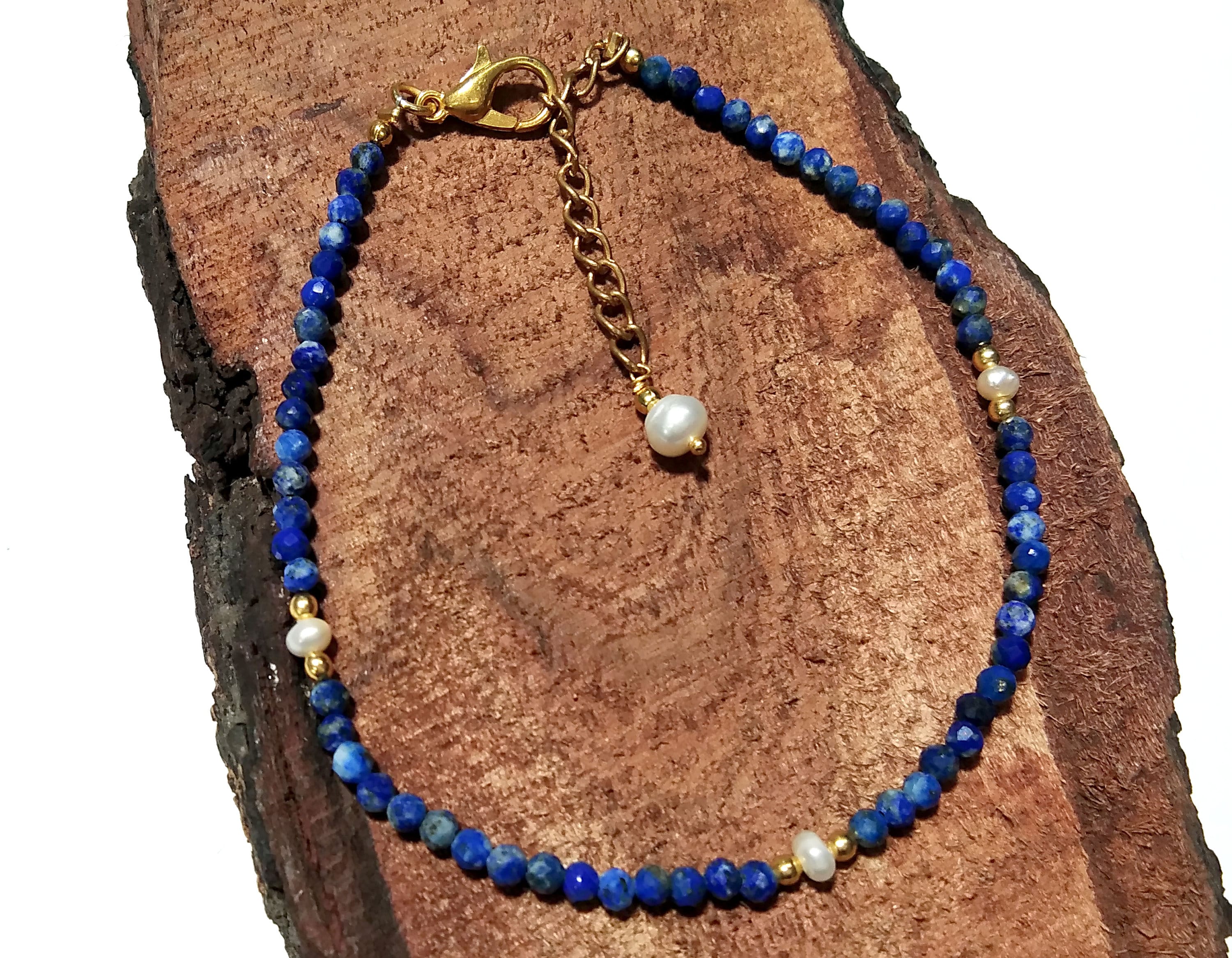 Natural Lapis Lazuli Faceted & Pearl Bracelet, 925 Sterling Silver Stone Bracelet, Top Amazing Quality Gold Silver Making Pearl Bracelet