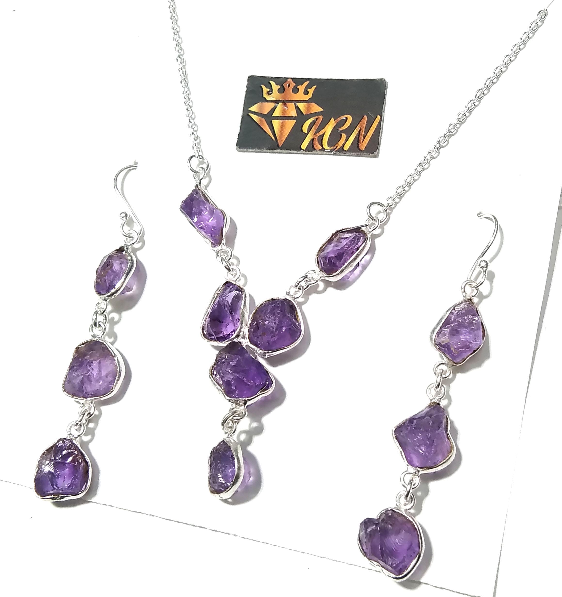 Natural Amethyst Rough Earrings And Necklace Jewellery Set, 925 Solid Sterling Silver Necklace Amazing Quality Amethyst Gift For Girls/Women