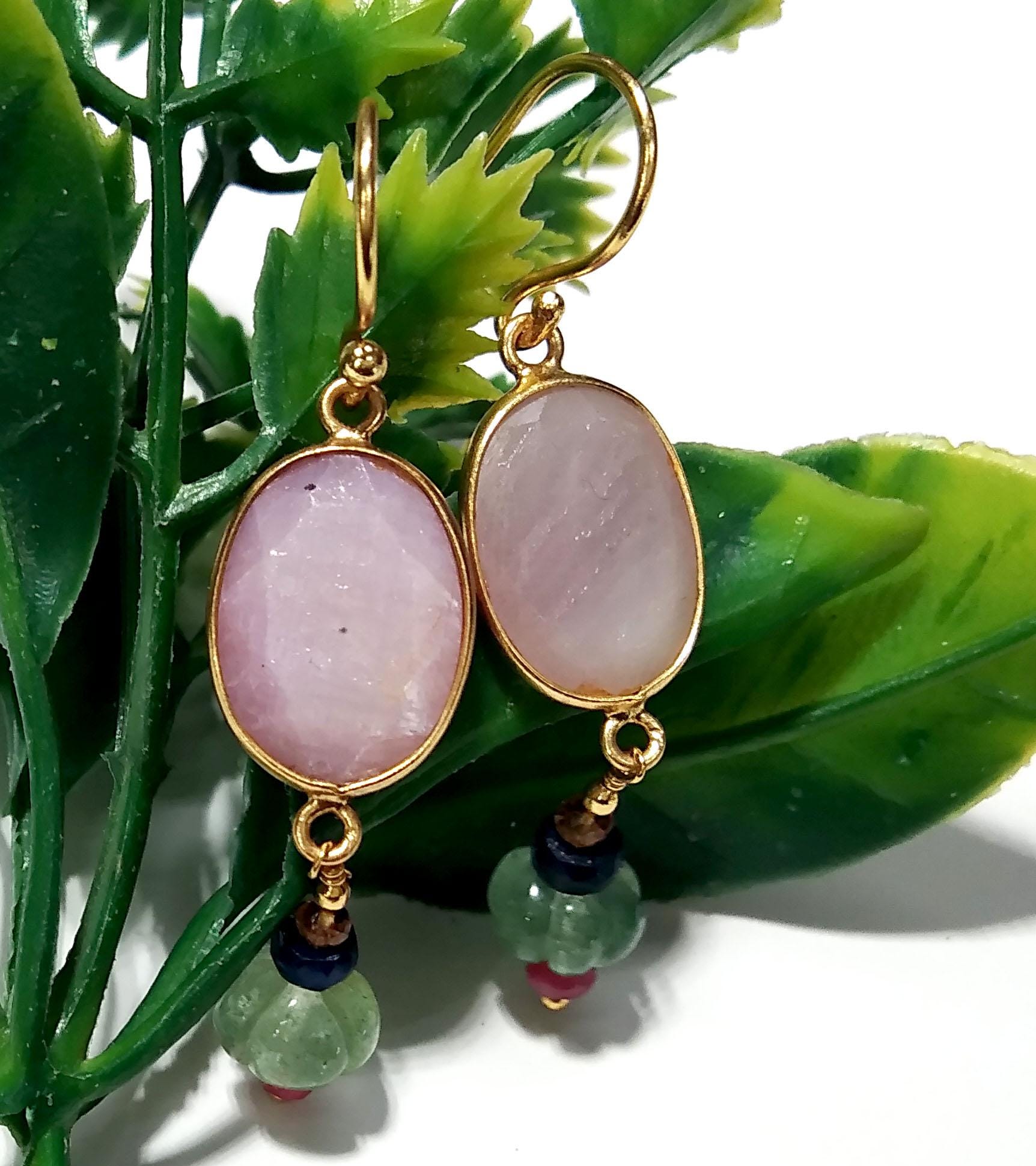 Natural Kunzite,Strawberry Quartz Stone Earring, 925 Starling Silver Gold Plated Earring Beautiful Kunzite Stone Size 13x10mm Gift For Women