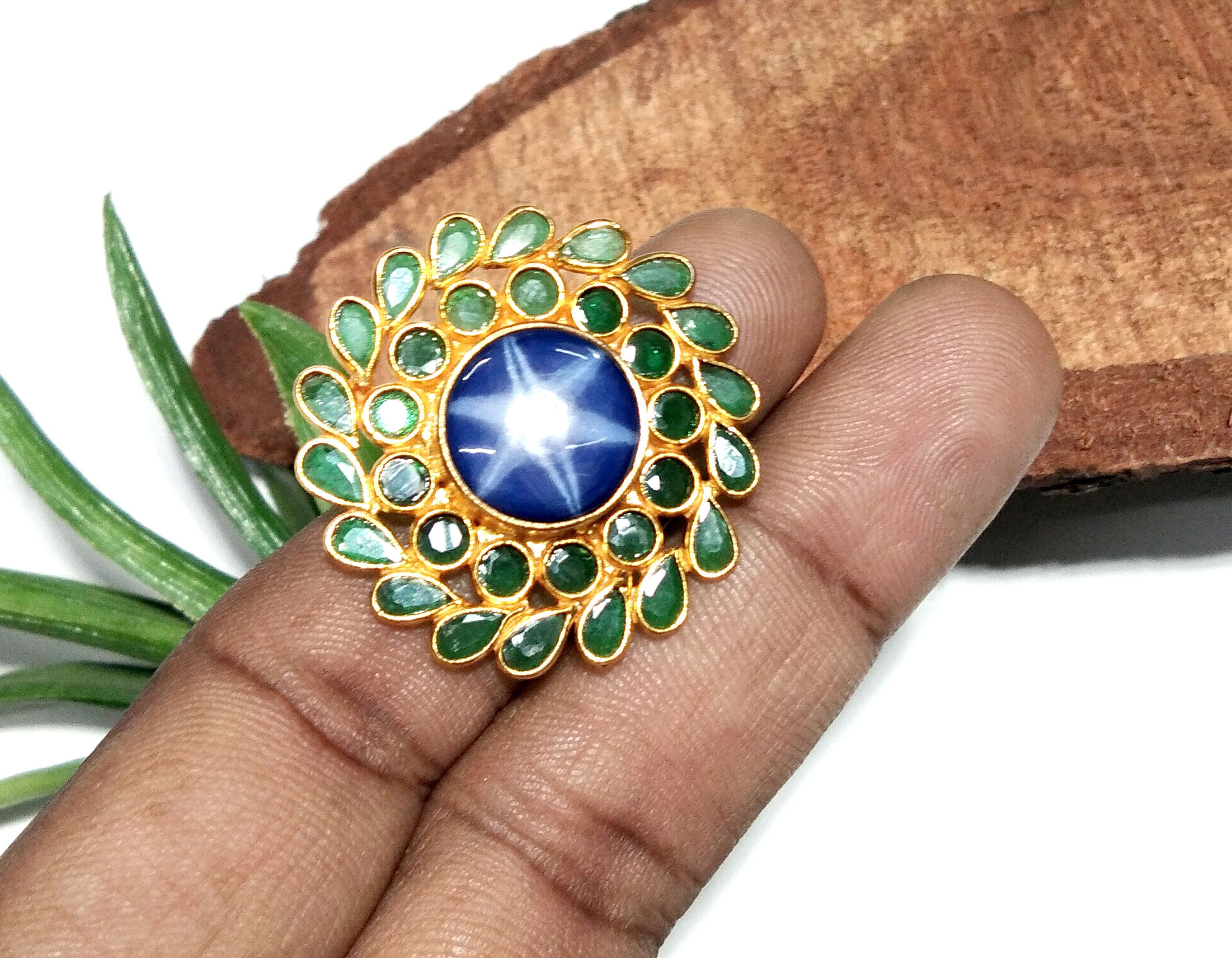 Natural Blue Sapphire Lindy Star & Green Zircon Polki Ring, 925 Silver With Gold Plated Ring, Handmade Jewelry Ring, Gift For Girls/Women