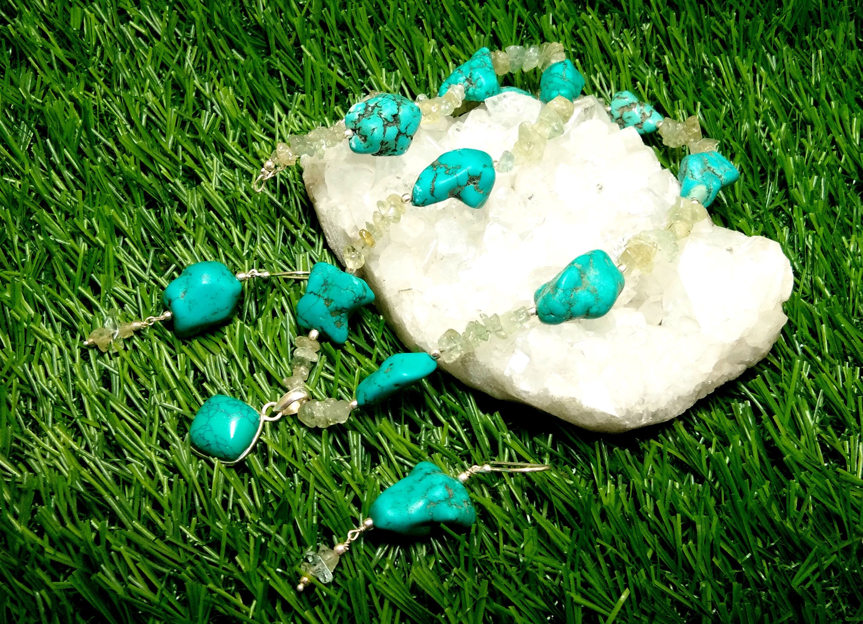 Long Natural Turquoise Rough Gemstone Necklace and Earring Aquamarine Rough Beads Necklace Set 925 Starling Silver Handmade Jewelry For Gift