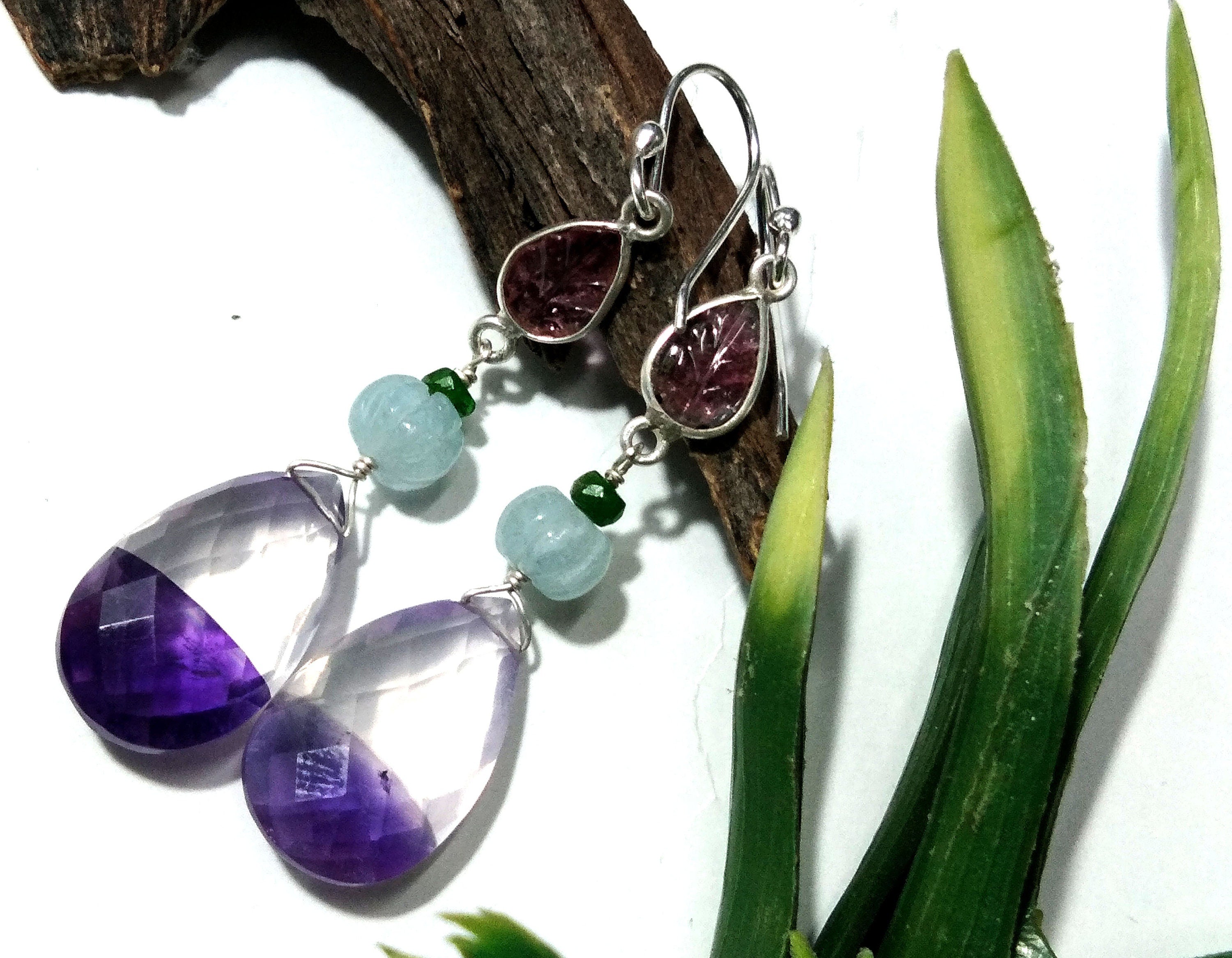 Amazing Natural Doublet Light & Dark Amethyst, Aquamarine, Tourmaline Mix Gemstone Earring, 925 Sterling Silver Jewelry For Girls/Women Gift