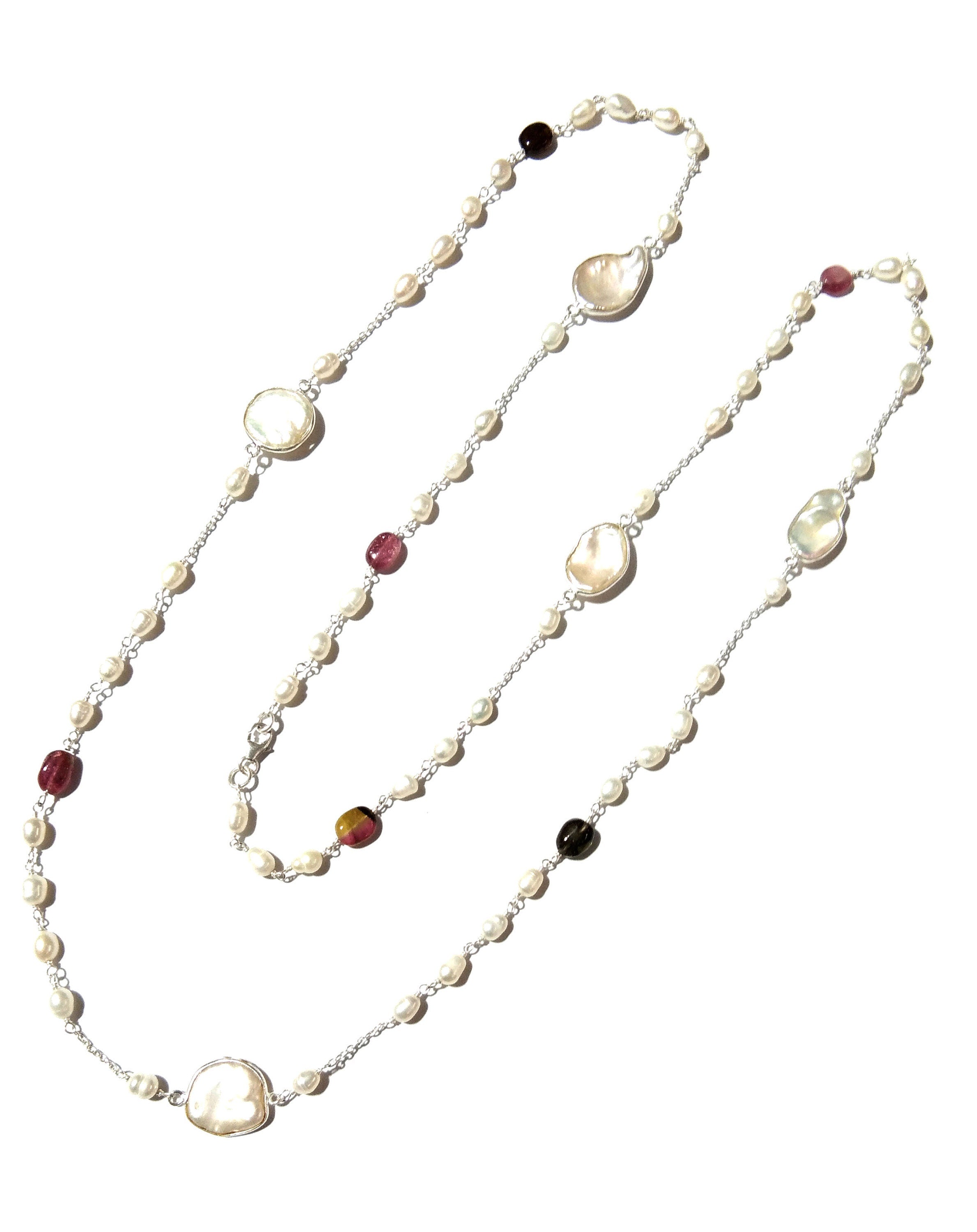 Log Chain Necklace ! Natural Pearl & Tourmaline Beaded Necklace, 925 Starling Silver Log Necklace, 36''Inches Length.