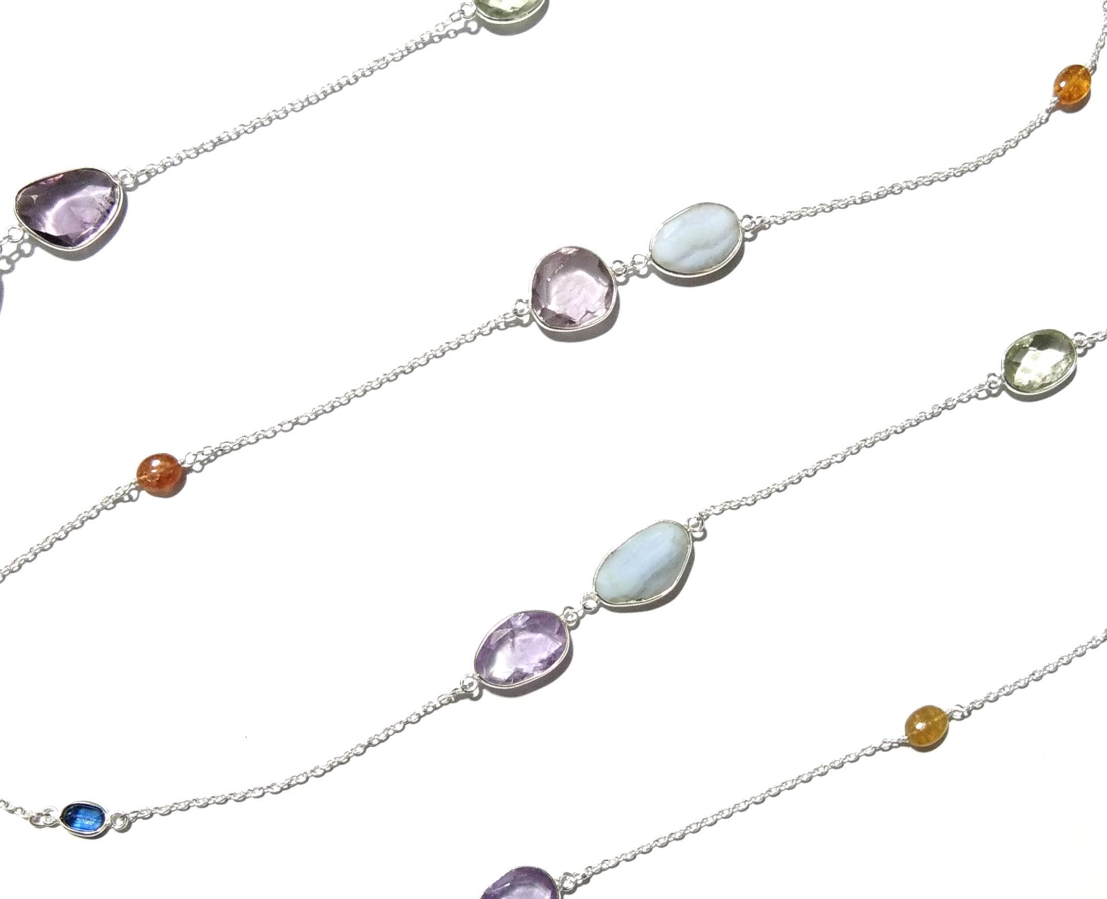 42'' Log Chain Bezel Necklace ! ALL Natural Gemstone Kyanite, Tourmaline, Amethyst & Blue Lace Necklace, 925 Solid Sterling Silver Jewelry.