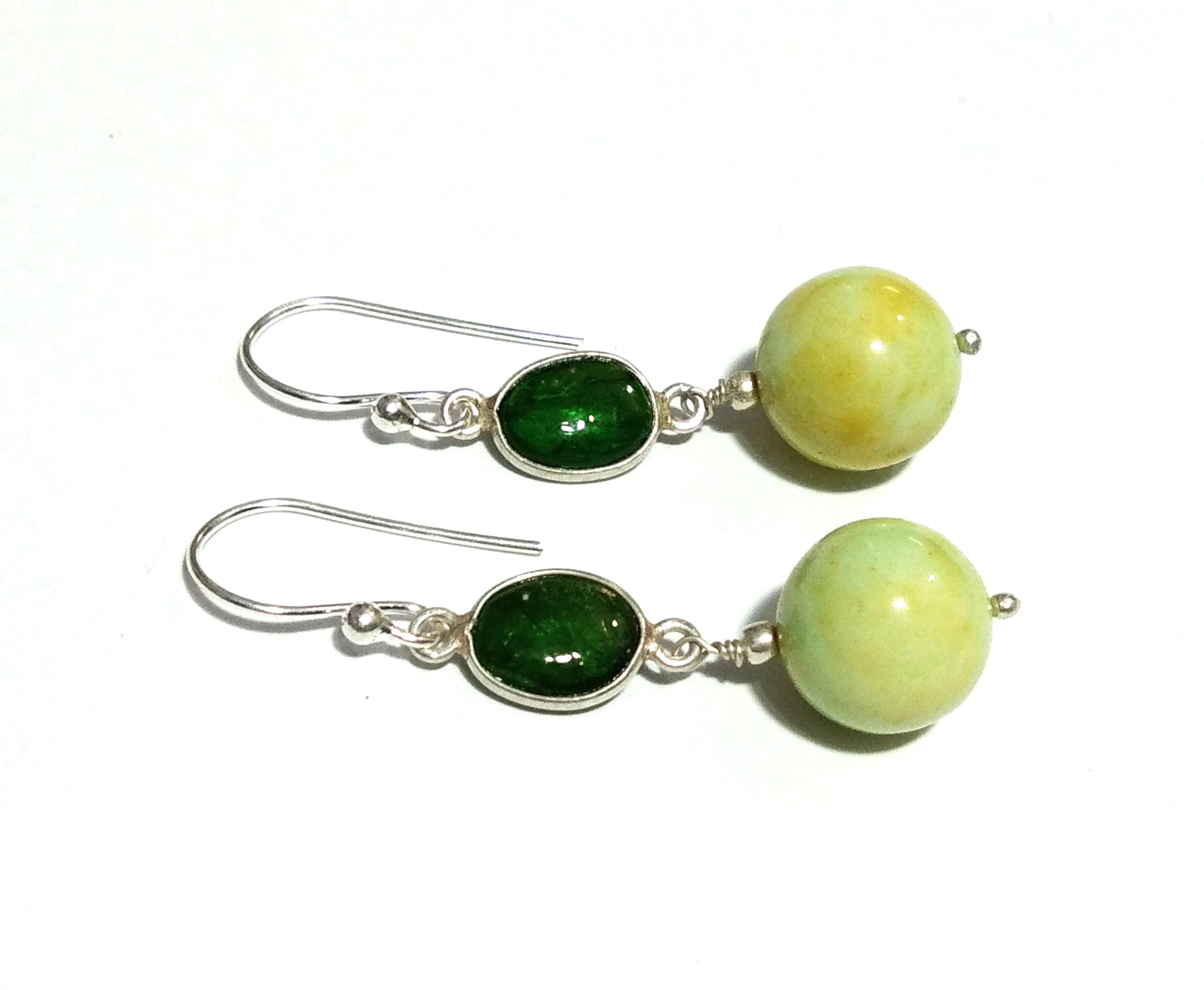 Natural Green Opal & Green Tourmaline Stone Earrings, Beautiful Design 925 Sterling Silver Earring, Green Opal Beads Earring For Girls Gifts