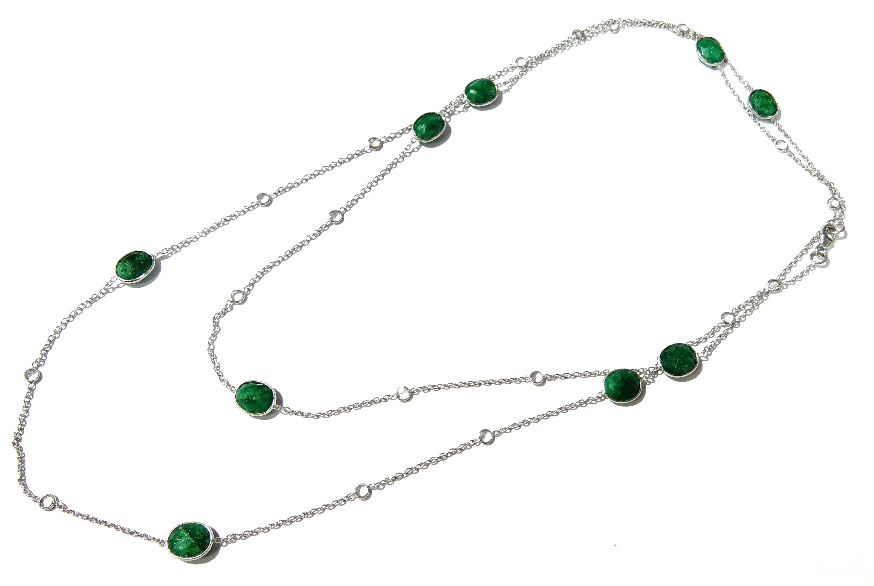 Emerald Necklace Chain,  925 Sterling Silver With Zircon Polky Necklace, Handmade Bezel Necklace, 40" Inches Length.
