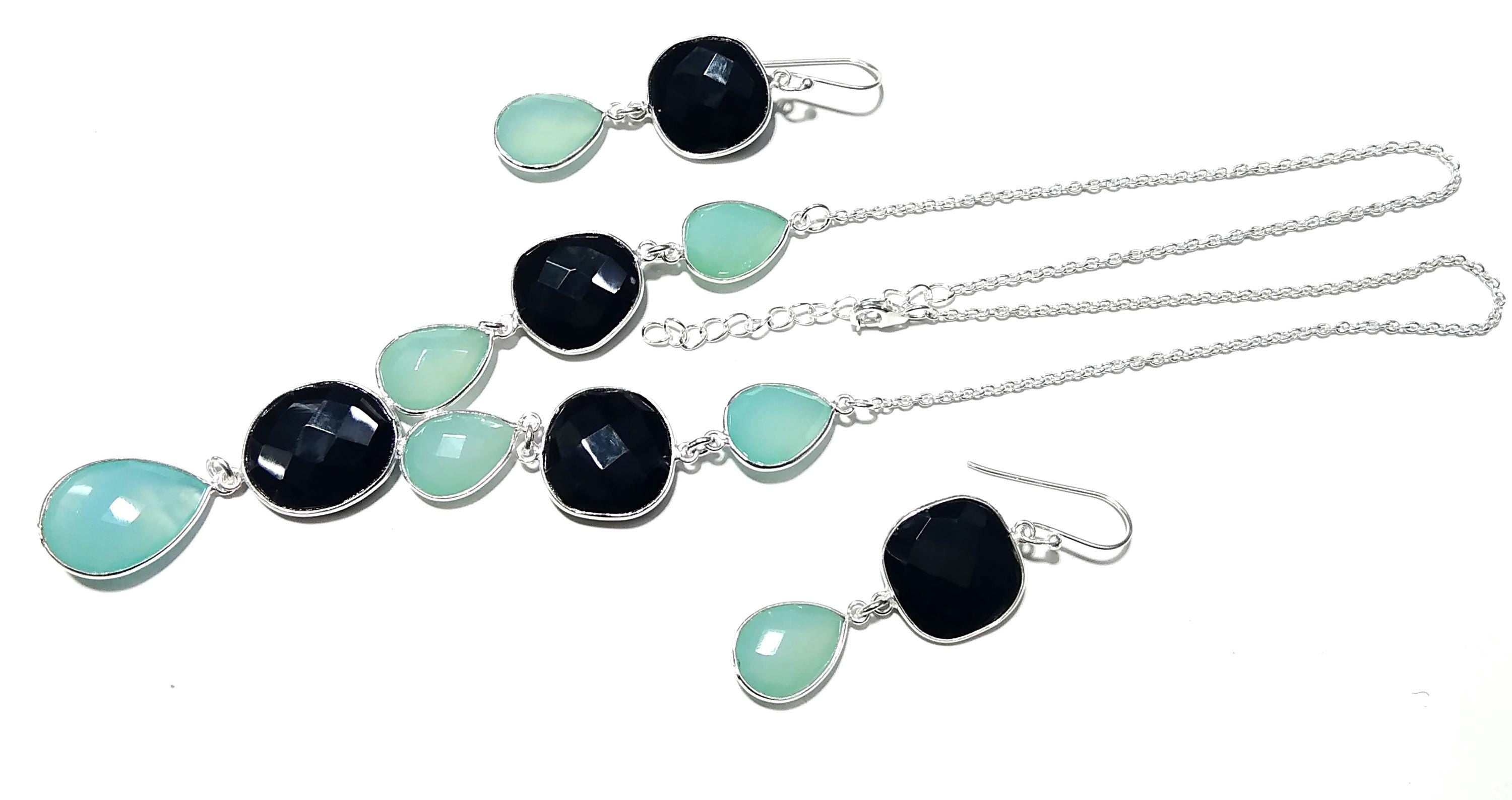 Natural Black Onyx & Chalcedony Stone Drop Earring And Necklace Jewelry Set, 925 Solid Sterling Silver Necklace Earring Jewelry Gift For Her