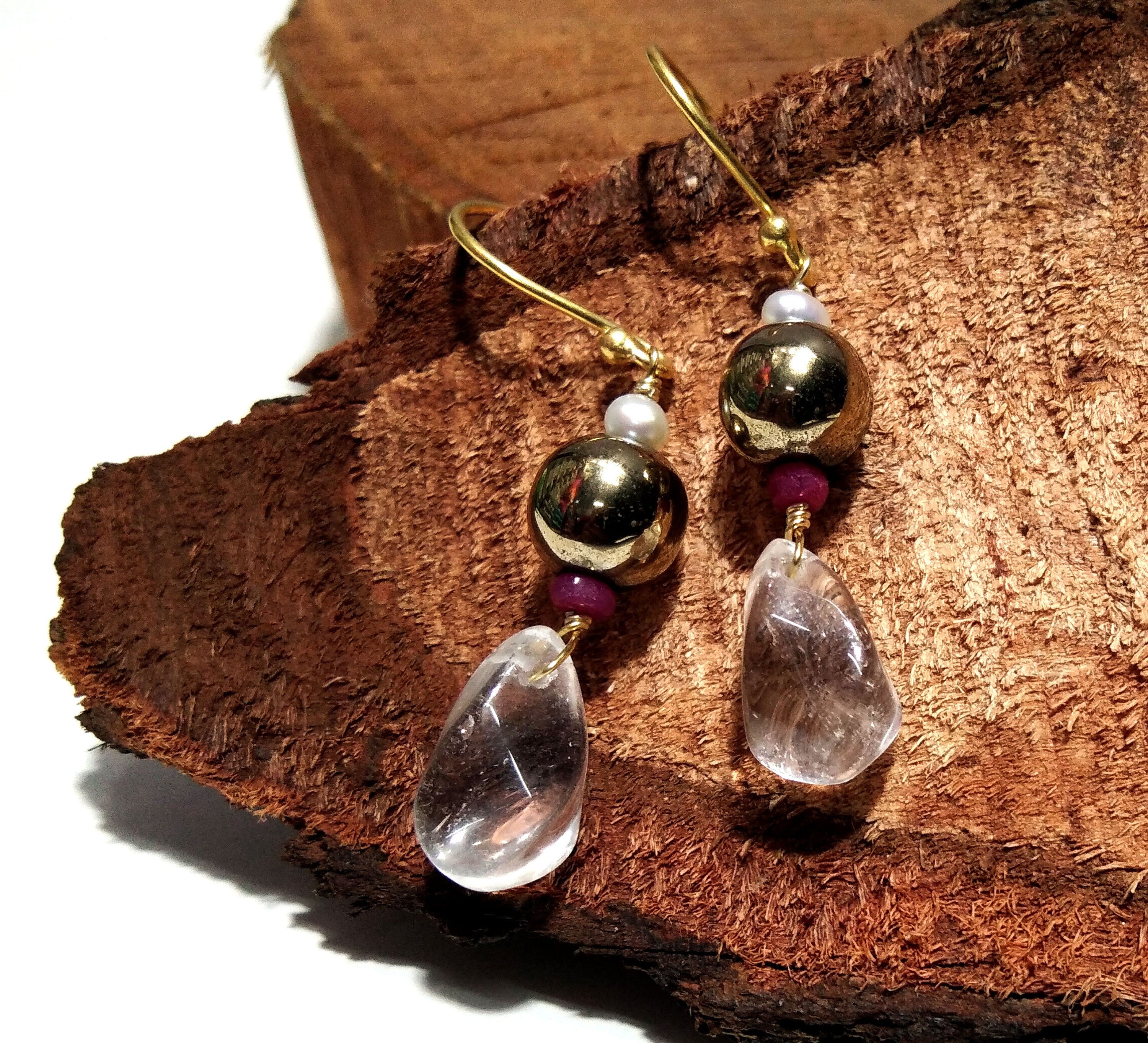 Natural White Crystal Quartz & Pyrite Stone Earring, Amazing Design 925 Sterling Silver With Gold Plated Earring, For Women Anniversary Gift