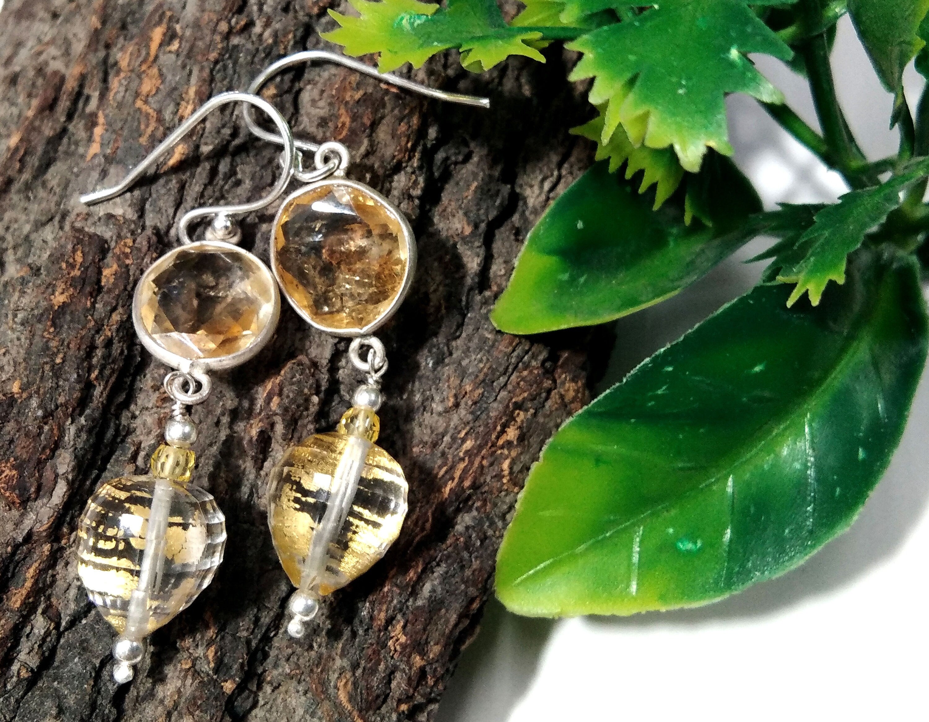 Natural Doublet Gemstone Crystal Quartz & Citrine Earrings, Amazing Color Gemstone With 925 Silver Earring, For Girls/Women