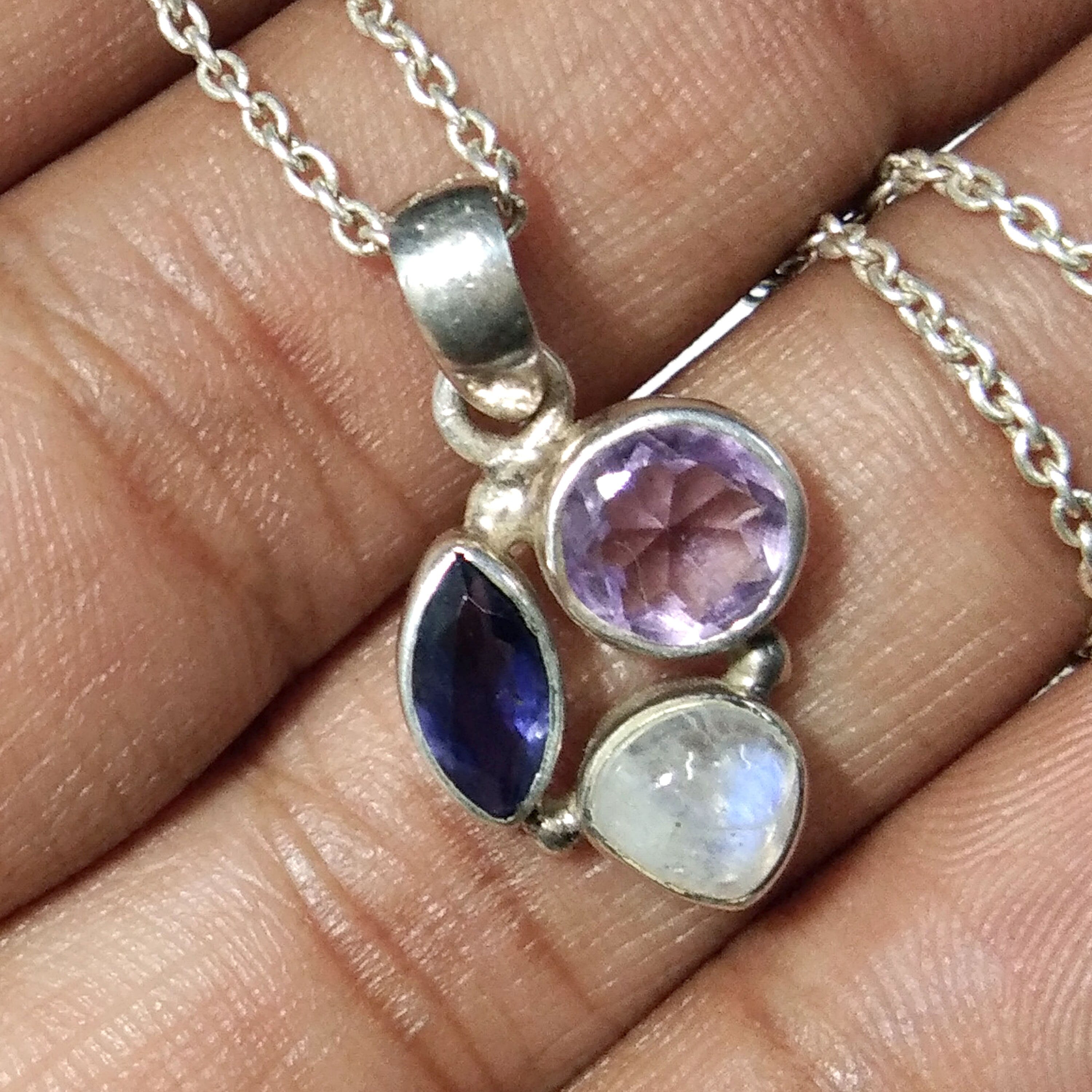 Natural Amethyst, Moonstone, iolite Gemstone Necklace Chain Pendant, 925 Starling Silver Pendant Necklace, Handmade Jewelry Birthday Pendant