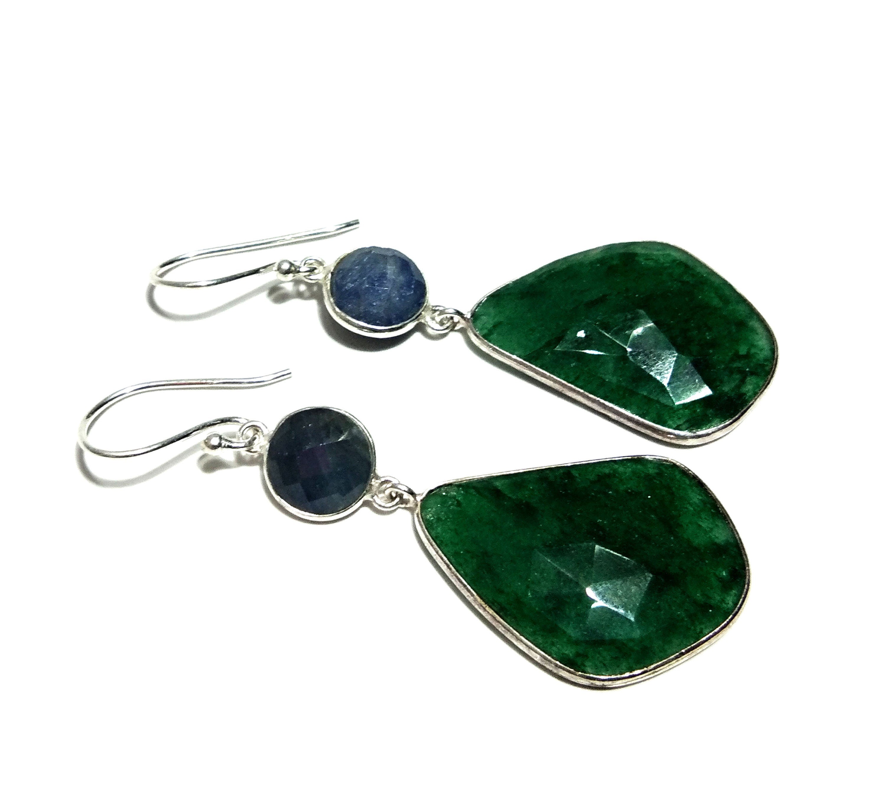 Natural Blue Sapphire/Green Jade Gemstone Earring, 925 Solid Starling Silver Earring, Handmade Silver Earring Top Color Stone Earring Gift