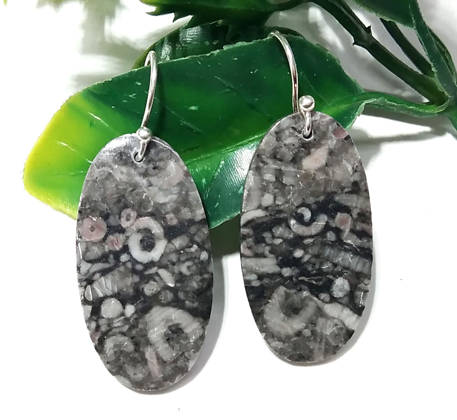Natural Crinoid Fossil Gemstone Earring, 925 Sterling Silver Earring, Very Beautiful Crinoid Fossil Stone Earring, For Girls & Women Earring