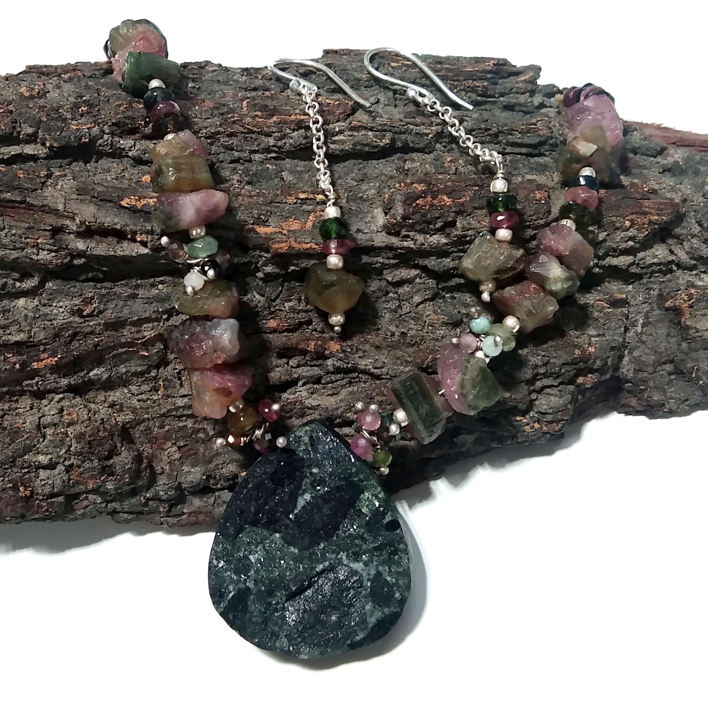 Natural Multi Tourmaline/Black Tourmaline Beads Necklace Set Jewelry, 925 Sterling Silver Necklace Beaded Necklace Statement Jewelry