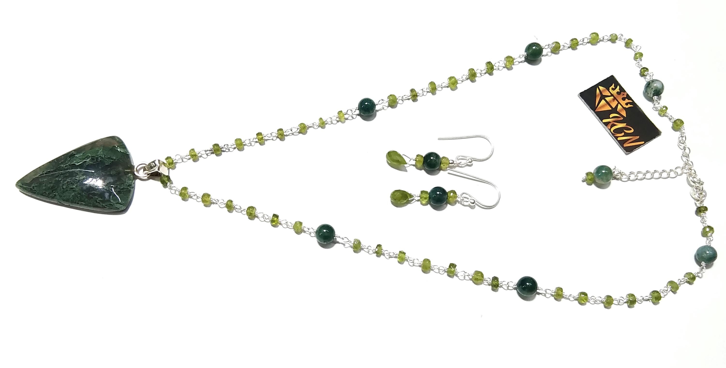 Natural Green Moss Agate Gemstone Necklace Earring Jewelry Set, 925 Sterling Silver Necklace Jewelry, Necklace Set For Women