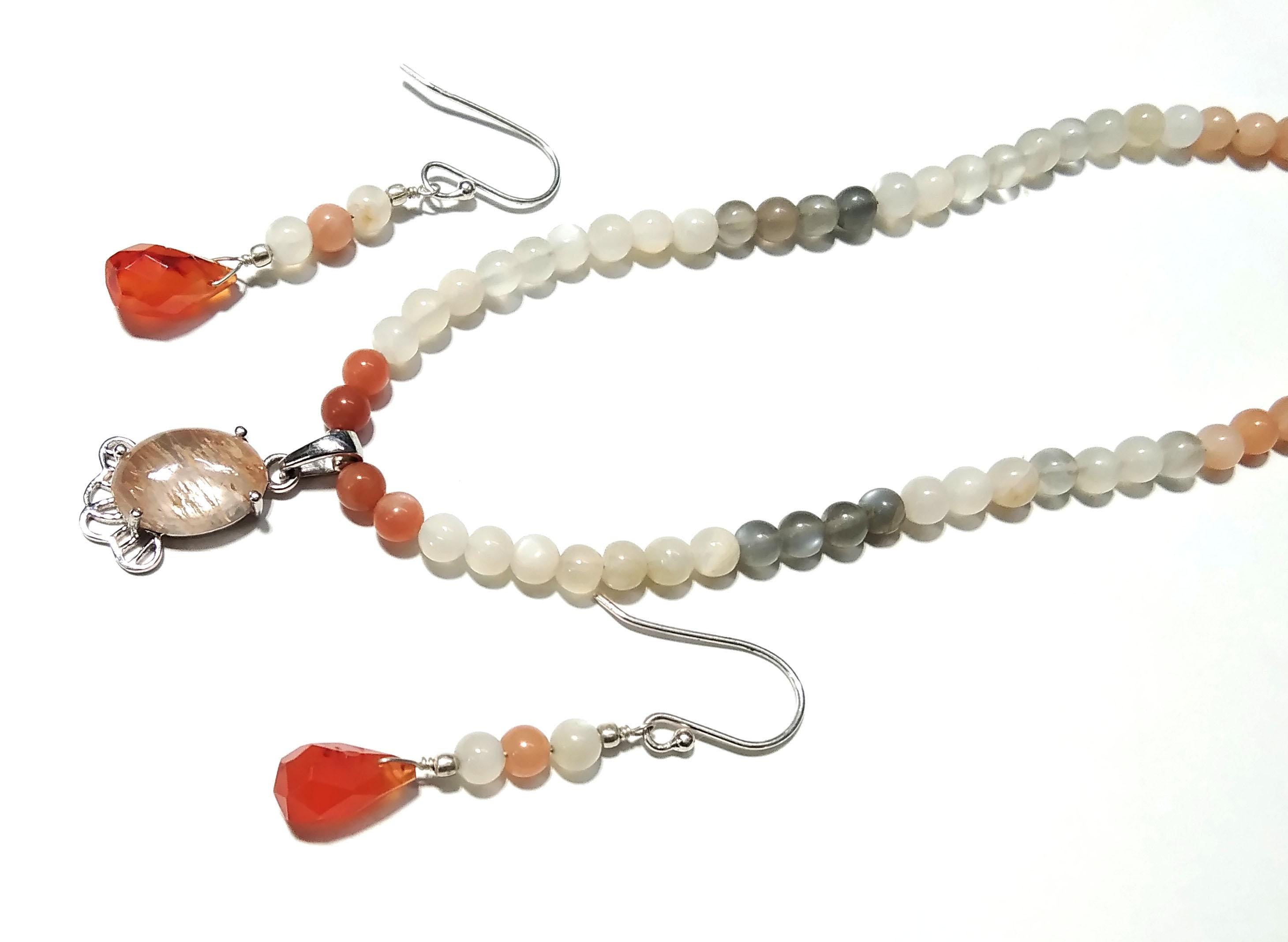 Natural Rutile Quartz/Peach Moonstone Beads Necklace Earring Jewelry Set, 925 Sterling Silver Necklace Beaded Necklace Statement Jewelry