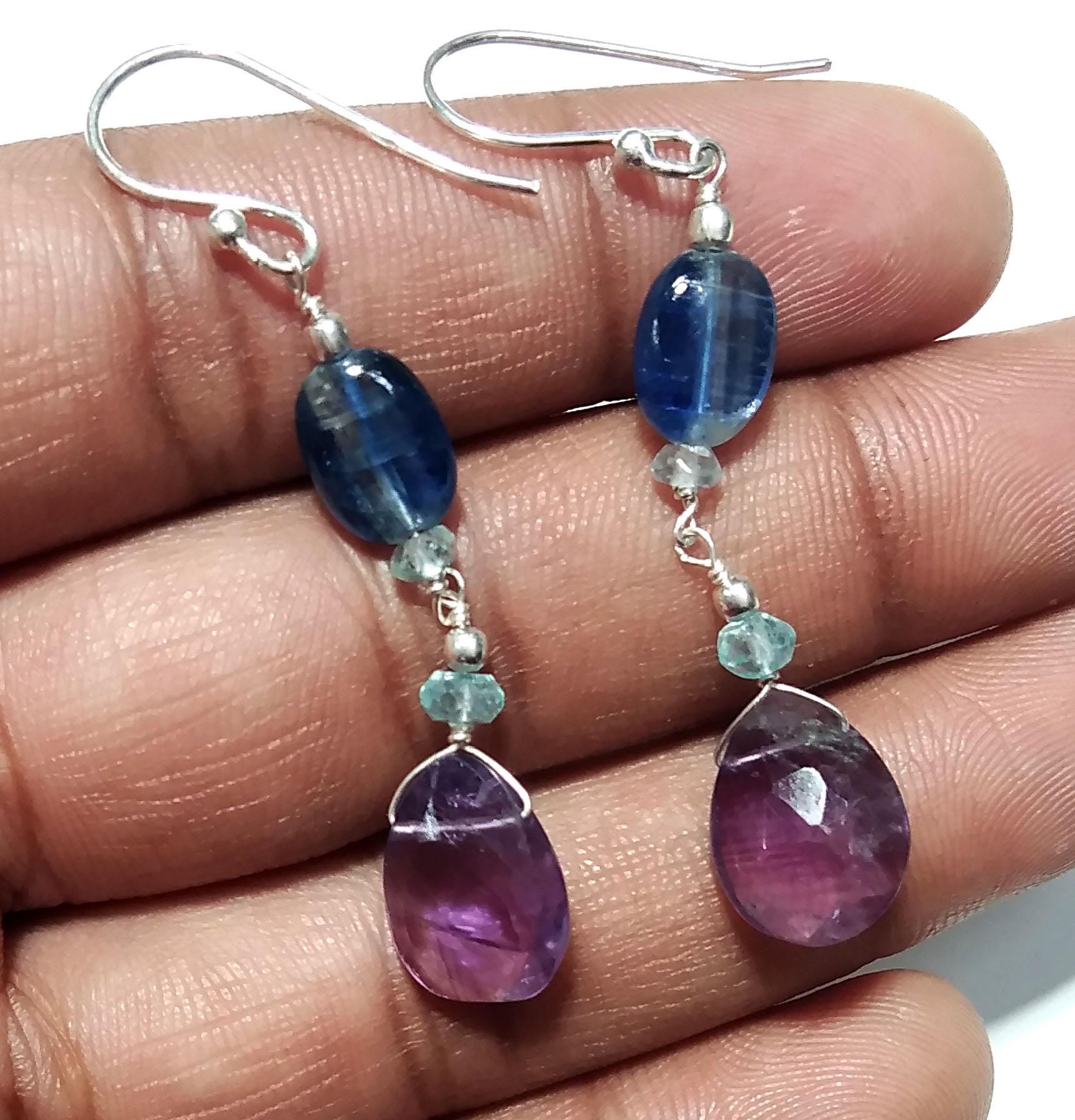 Natural Kyanite/Amethyst Earrings, 925 Solid Starling Silver Earring, Amethyst Stone Handmade Earring, Gift Women Bridesmaid Earring Stone