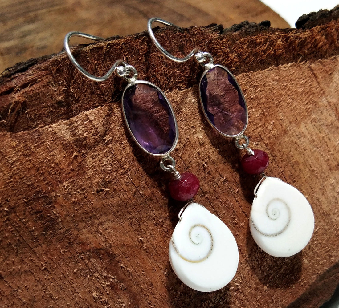 Natural Shiva Eye Shell/Amethyst Stone Earring, 925 Solid Starling Silver Earring, A+++ Shiva Eye Shell/Amethyst Stone Size 17x14 mm Earring