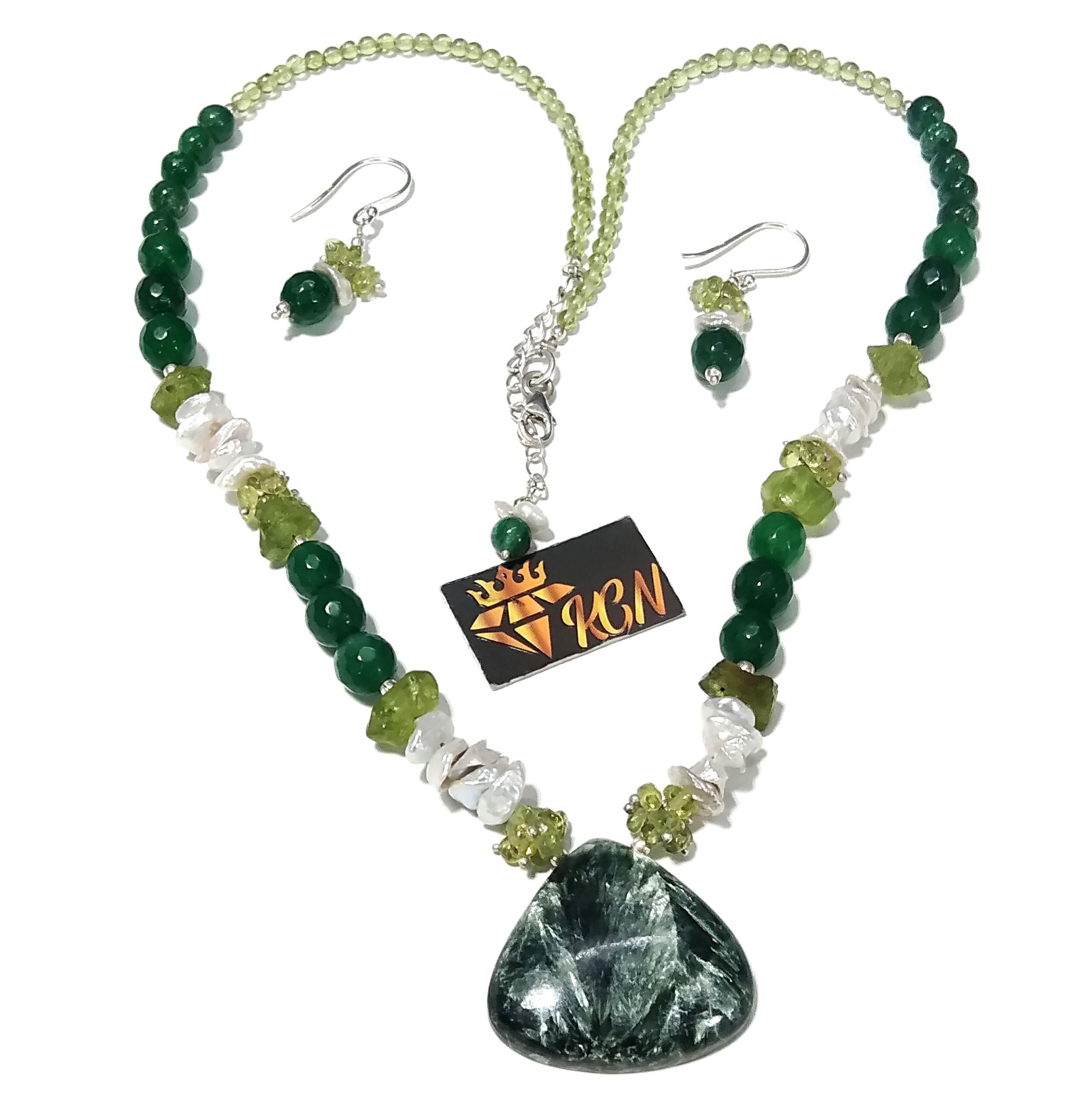 Natural Seraphinite/Peridot/Green Jade Gemstone Beads Necklace Set, Jewelry 925 Sterling Silver Necklace, Beaded Necklace Statement Jewelry