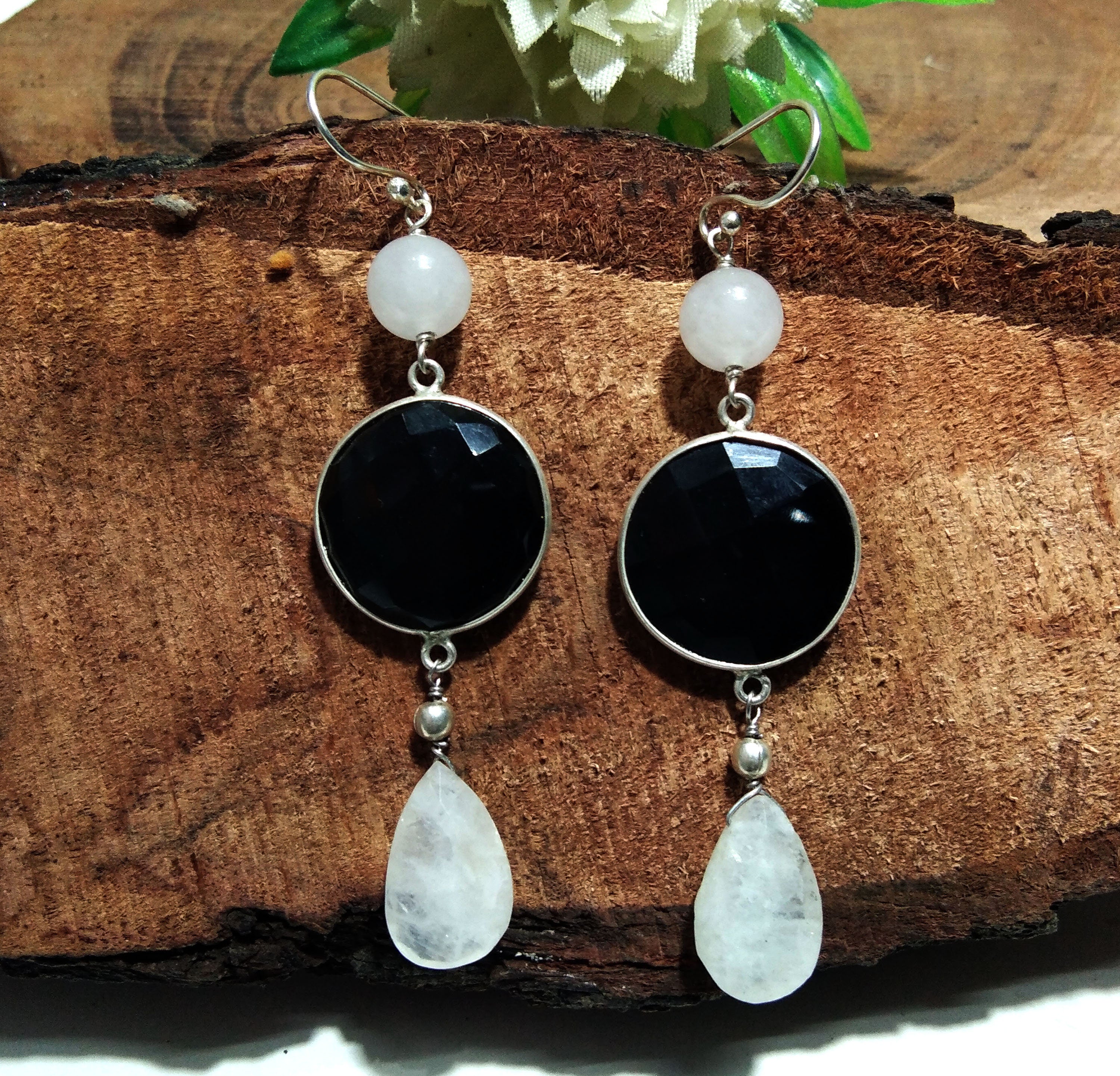 Natural Black Onyx, Rainbow Moonstone Earring, 925 Solid Starling Silver Earring, Handmade Black Onyx Stone Earring, Gift Women Earring's