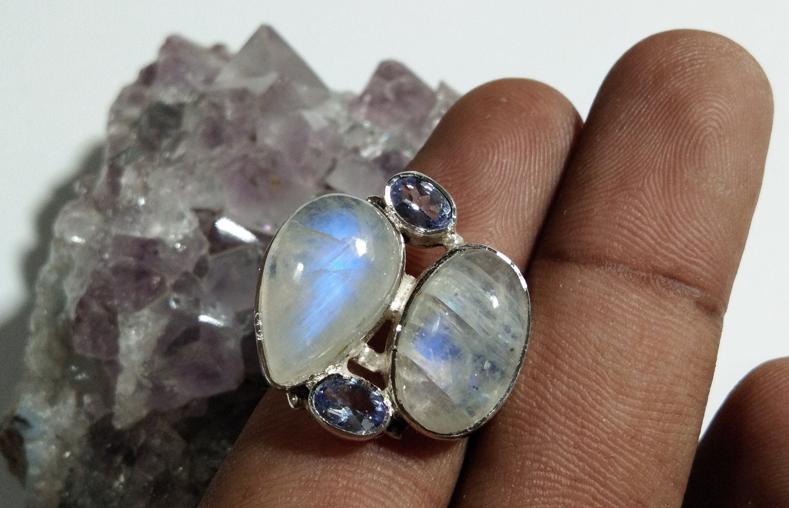 Rainbow Moonstone And Tanzanite Multi Stone Rings, 925 Sterling Silver Jewelry, Natural Gemstone Ring, Handmade Jewelry, For Girls/Women.